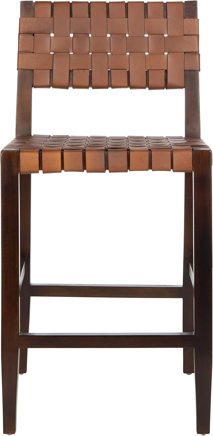 Safavieh Home Collection Paxton Cognac and Walnut Woven 24-inch Leather Counter Stool