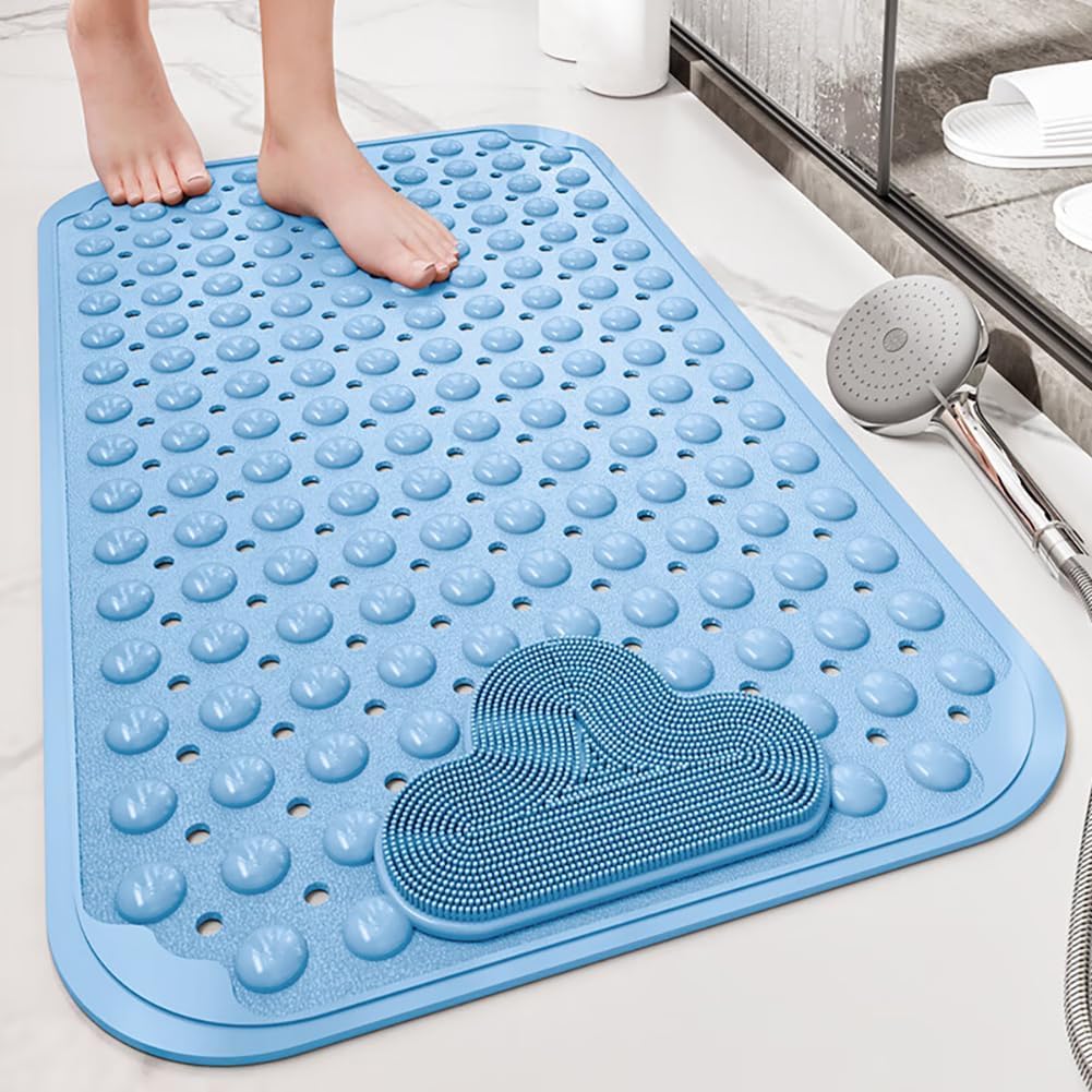 Tapis de Douche Antidérapant 106x66cm,Tapis Antidérapant Douche avec Ventouses et Trous de Drainage,Matériau TPE,Lavable en Machine,Bleu