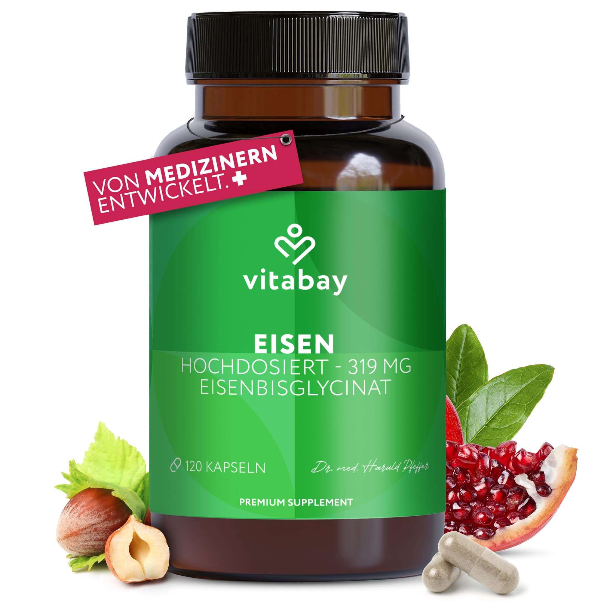 Vitabay Eisen Kapseln hochdosiert – 120 vegane Kapseln mit Eisenbisglycinat – 50 mg elementares Eisen – vegan, laborgeprüft, ohne unnötige Zusätze – 4 Monate Vorrat