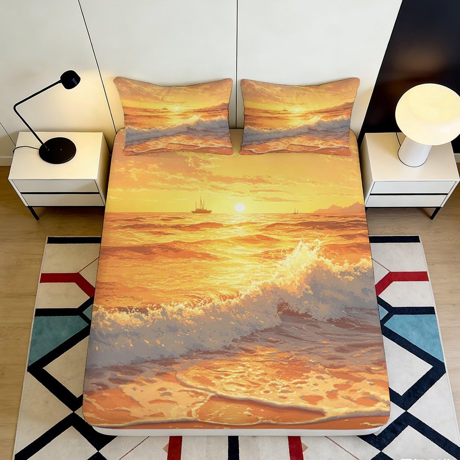 3D Printed Golden Ocean Sunset Fitted Sheet Microfiber Soft Breathable Sea Wave Mattress Cover Bedroom Decor 140x200x25cm