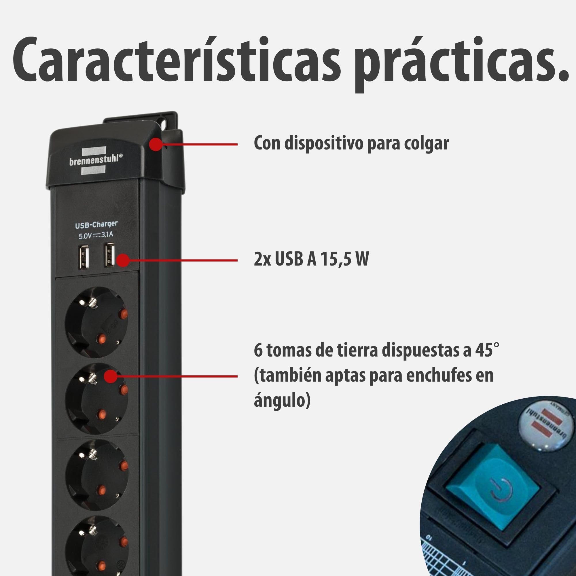 Brennenstuhl Premium-Line regleta enchufes de 6 Tomas con protección contra sobretensiones hasta 60.000A (Cable de 3m, 2X Cargador USB 3.10A, montable, Fabricado en Alemania) Negro