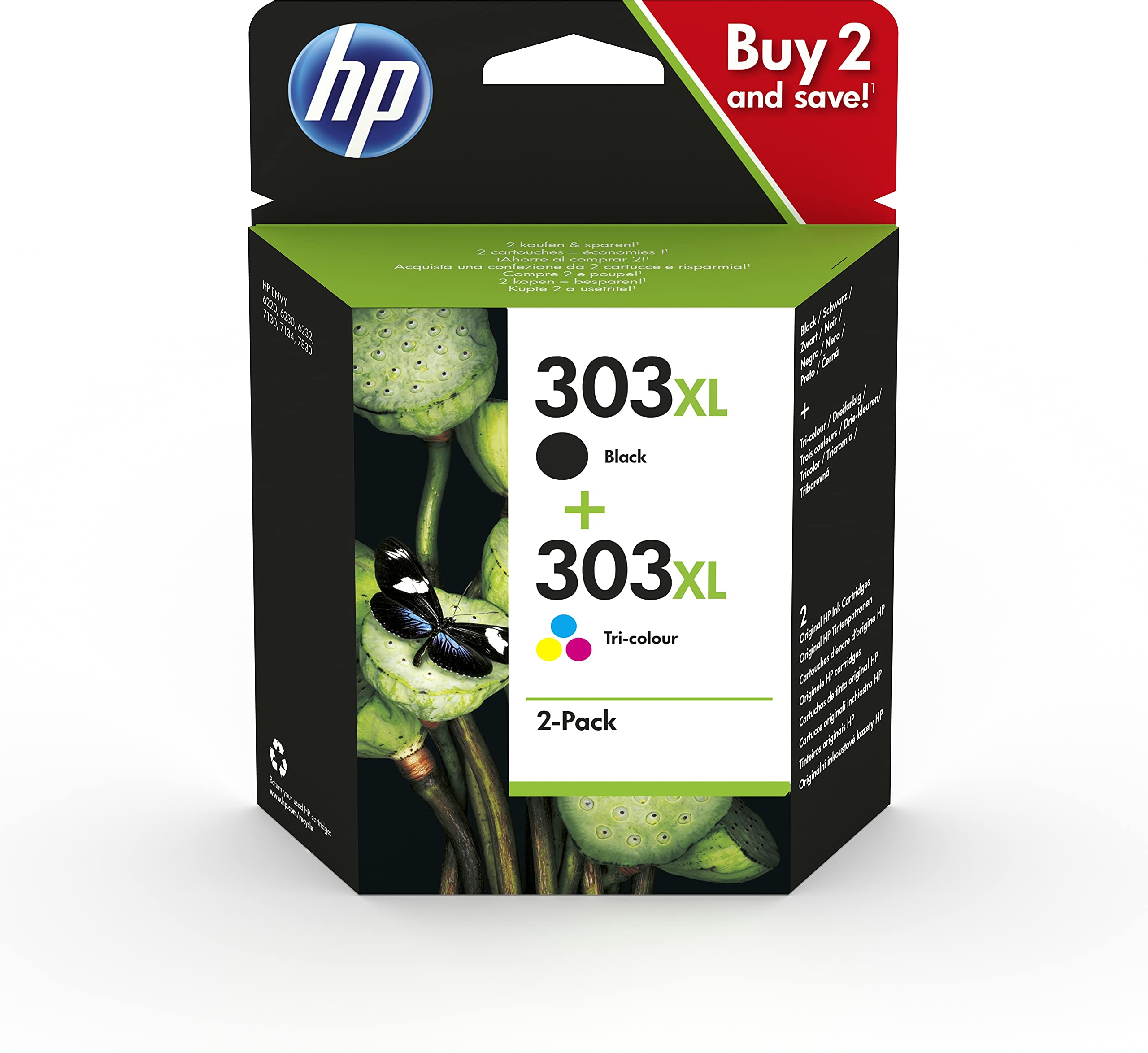 HP 303Xl 3Yn10Ae Wielopak Oryginalnych Kartridży do Drukarek 1 X Czarny, 1 X Kolor do HP Envy 6200, 7100, 7134, 7800 i HP Tango Printer