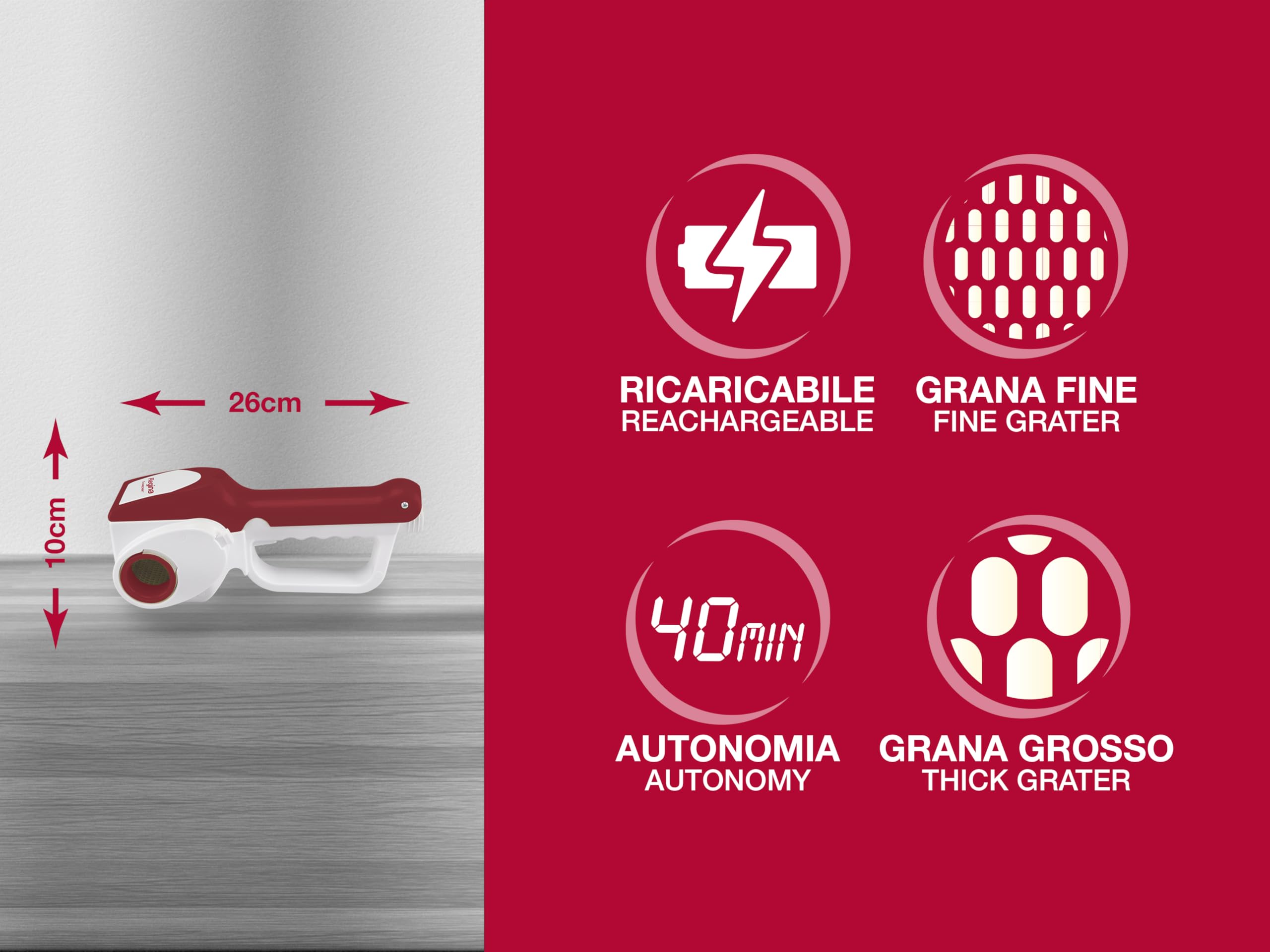 BEPER 90.071 Rallador Recargable, Acero Inoxidable, Rojo, 9 x 11 x 24 cm