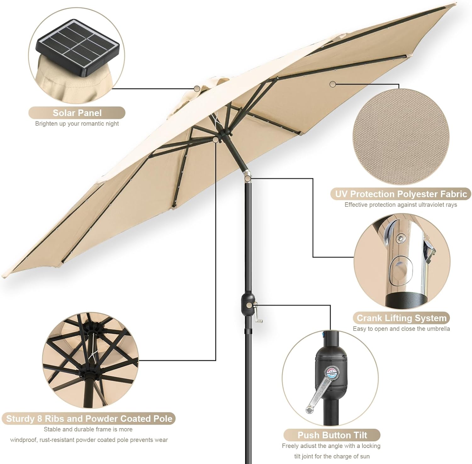 Patio Umbrella 10ft with 32 Solar LED Lights -8 Ribs