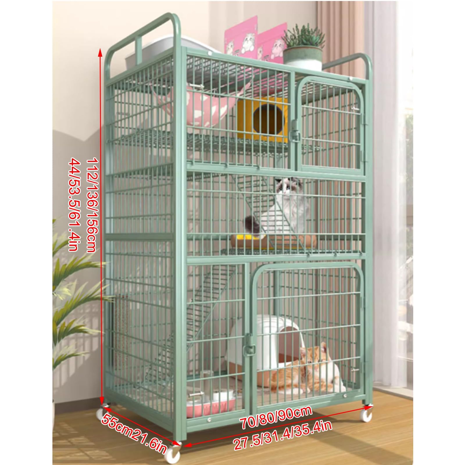 Gabbia per gatti da interno con ruote girevoli, doppia porta e vassoio estraibile per gattini, design multilivello per un facile accesso e pulizia