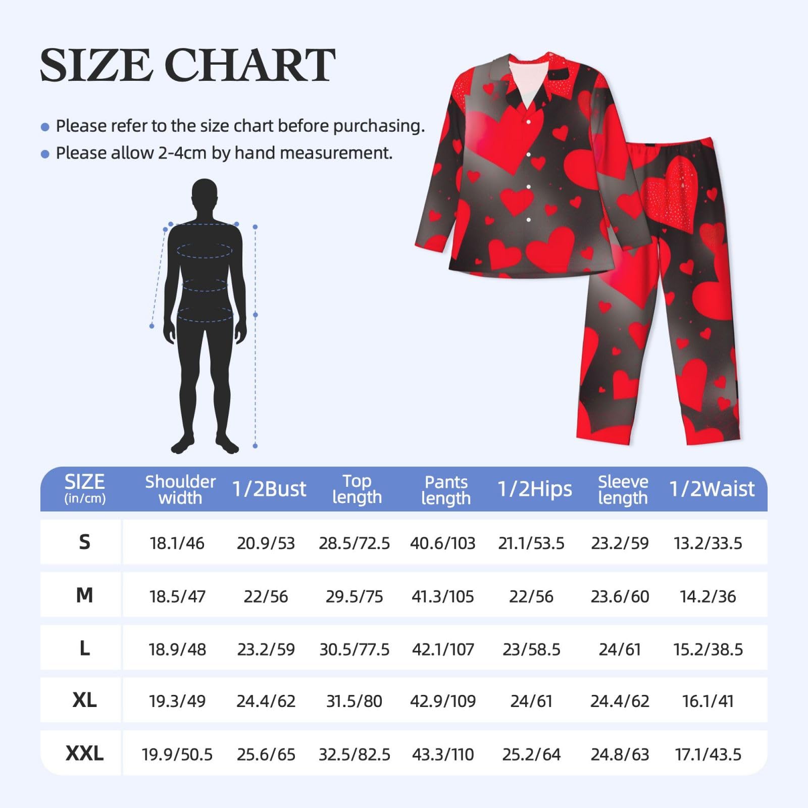 Herren-Pyjama-Set mit roten Herzen, Feuerwerk-Druck, langärmelig, zweiteilig, Hauskleidung, bequeme Nachtwäsche