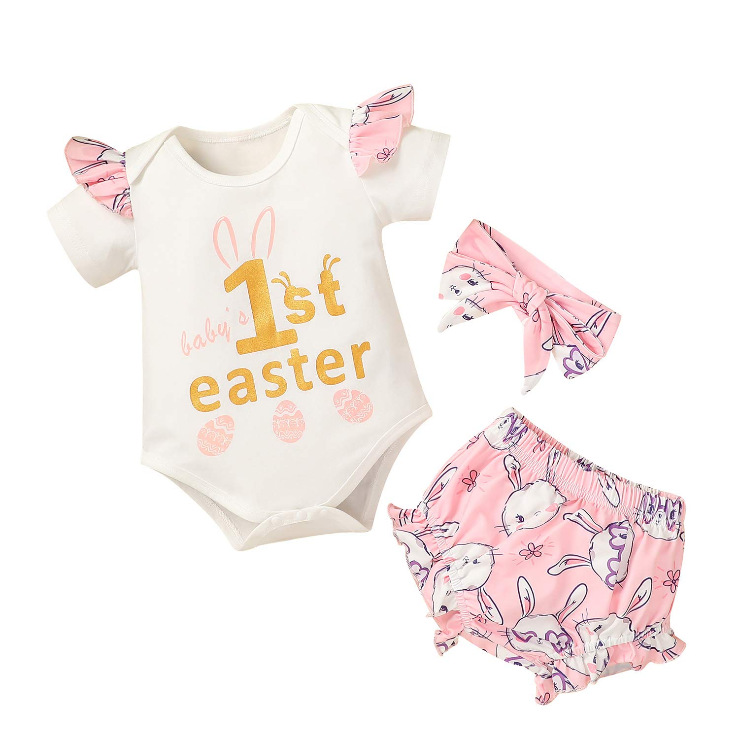Infant Baby Girls Easter Day Clothes Short-Sleeve Romper Bodysuit Top Shorts Pants Bunny Egg Spring Outfits (Pink, 6-9 Months)
