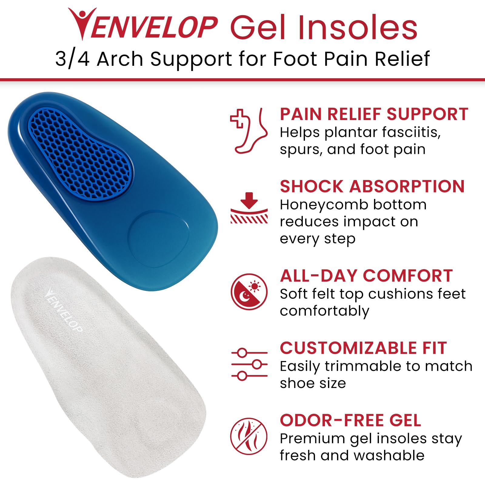 3/4 Plantillas de Gel de masaje por Envelop – Inserciones De Zapato Para Correr, senderismo, y más – mejor para hombres y mujeres longitud completa plantillas plantillas de gel – reducir el dolor de pie, US Men's (8 - 13), 1
