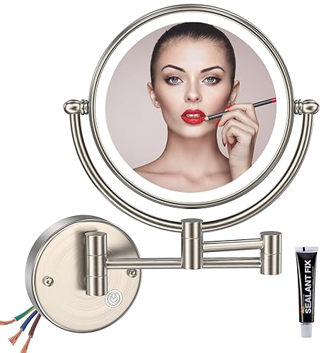 Miniatura 1 de Espejo de maquillaje iluminado de latón prémium de 8 pulgadas con aumento, 1X5X de doble cara para baño, espejos de pared con brazo oscilante,