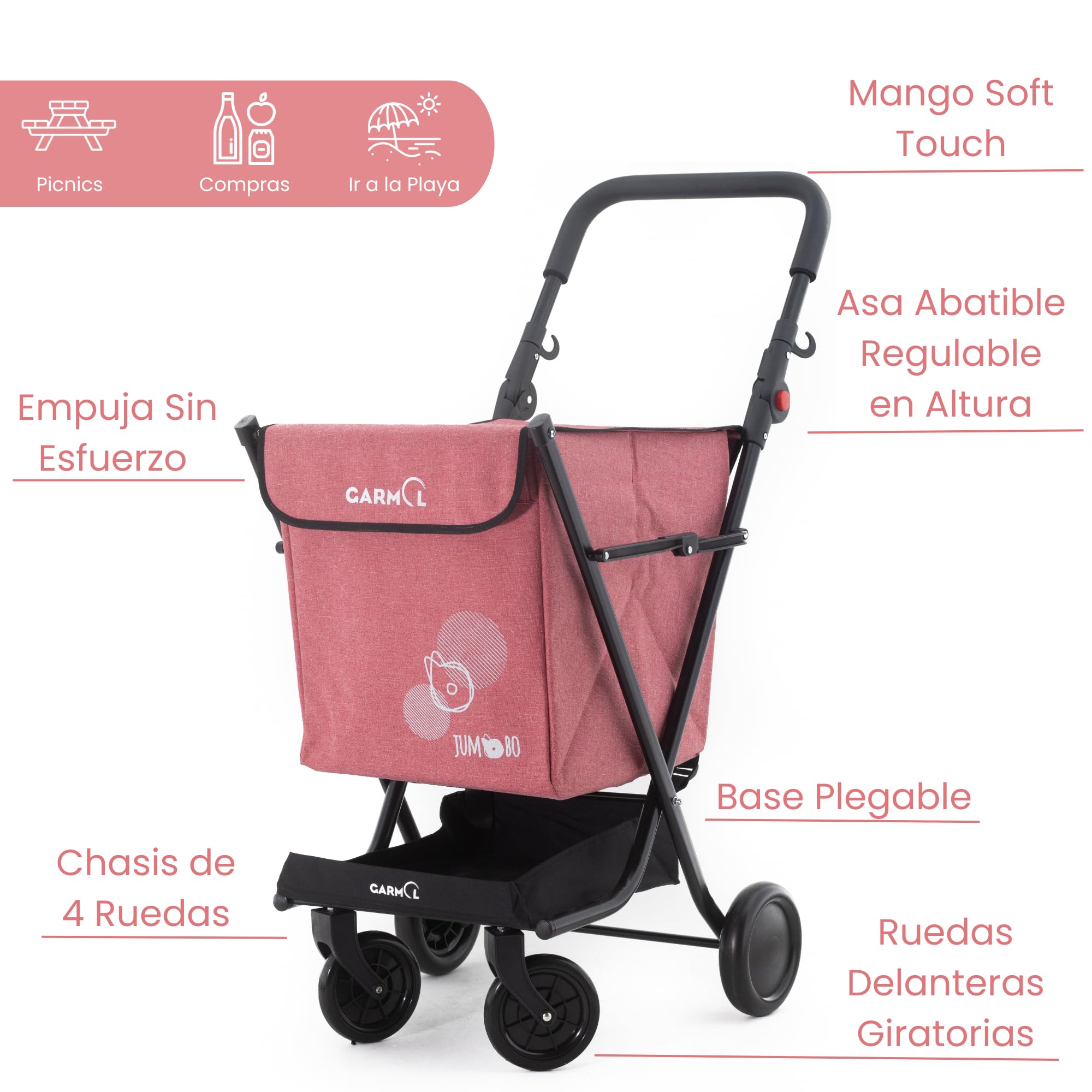 GARMOL Carro de la Compra Plegable 66 litros | Carro de la Compra 4 Ruedas Gran Capacidad | Carrito Compra 4 Ruedas Plegable Color Rojo