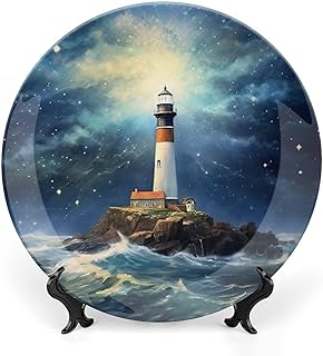 Gokays Summer Decorative Plates for Home Party, Light House on A Island Near The Sea Shore on A Moonlit Night Decor Tray for Table Display, Ceramic Dinner Plate W/Stand, Summer Party Supplies, 8 Inch