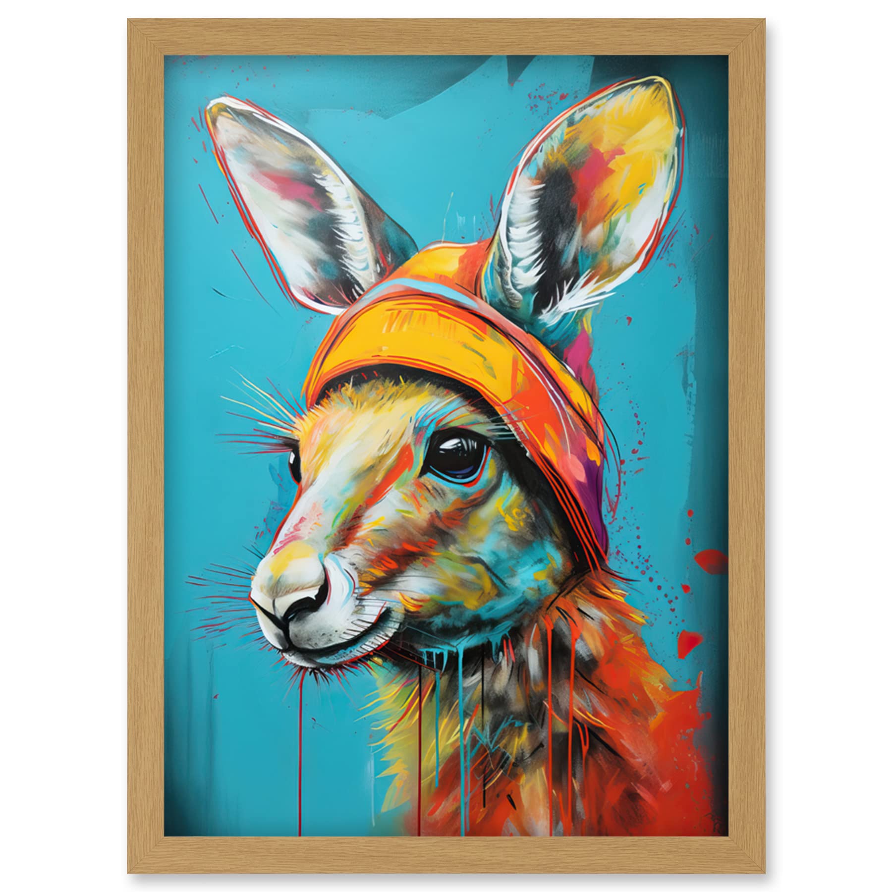 Artery8 Baby Kangaroo Joey Wearing Hat Teal and Orange Artwork Framed Wall Art Print A4, Framed Light Oak A4, 32.3L x 23.4W cm