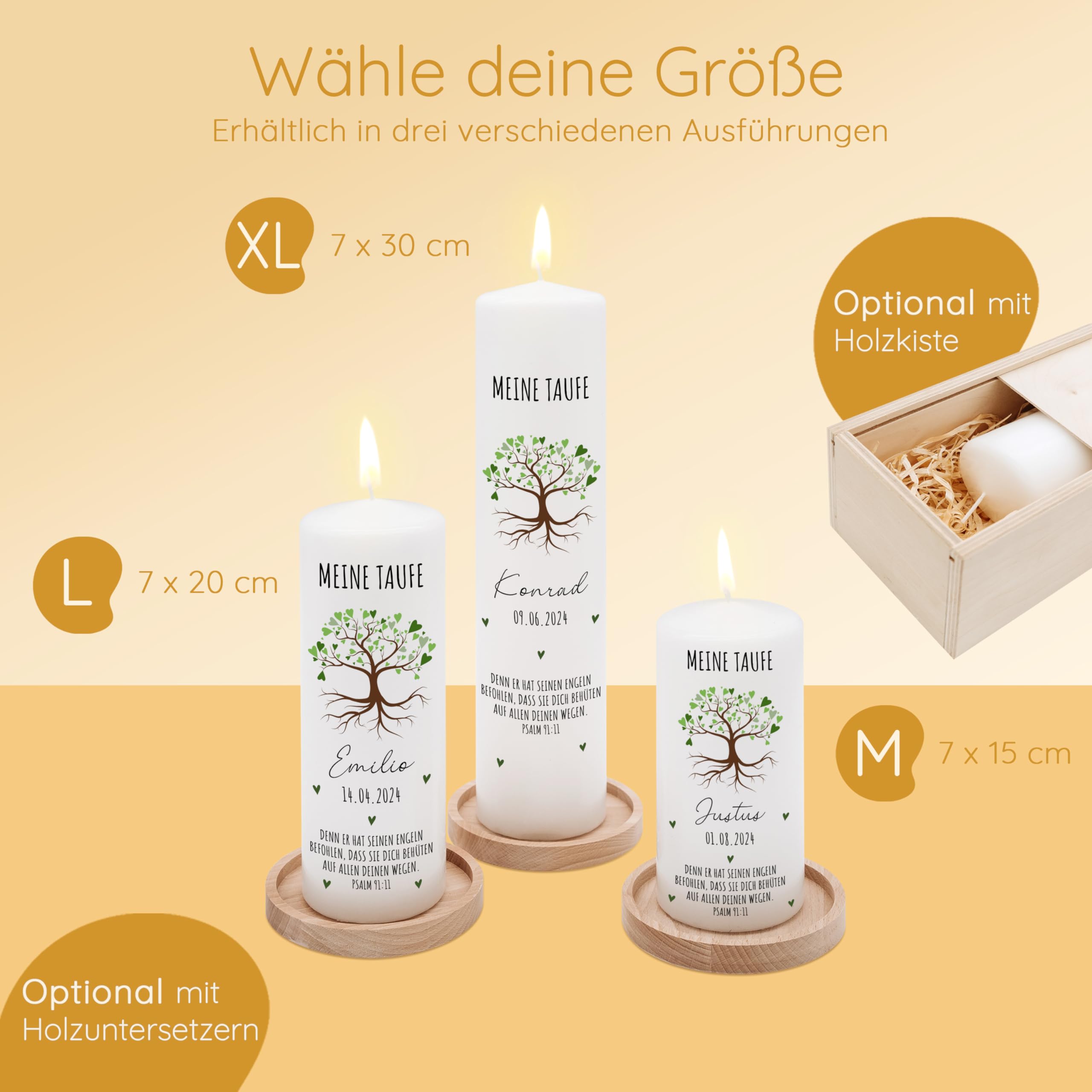 Bärenfreunde® - Personalisierte Taufkerze mit Spezial-Druck (M, L, XL) - ohne Ruß-Bildung - mit Holzkiste oder Untersetzer - Taufe Geschenk, Geschenk zur Geburt (XL Kerze)