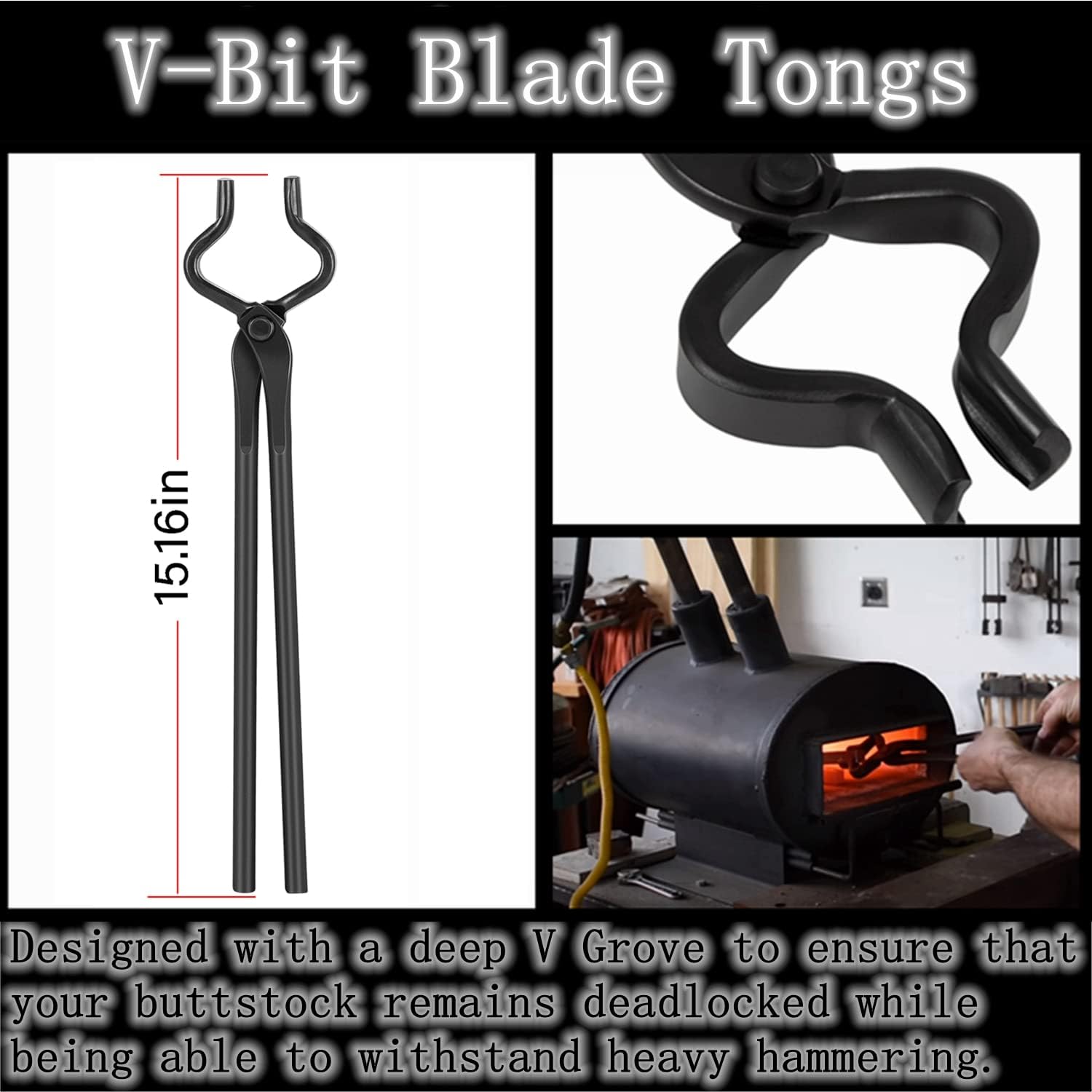 Yoursme Knife Making Tongs Set Blacksmith Bladesmith Tong Anvil Forge -Wolf Jaw & Flat & Blade & V-Bit Blade Tongs (4 Pcs)