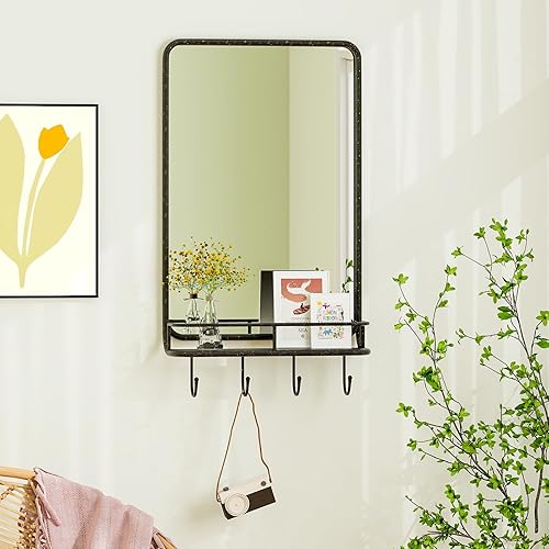 Miniatura 7 de Tangkula Espejo de pared con estante y 4 ganchos, espejo rectangular vintage, marco de metal y esquina redonda, espejo de pared de granja para baño,
