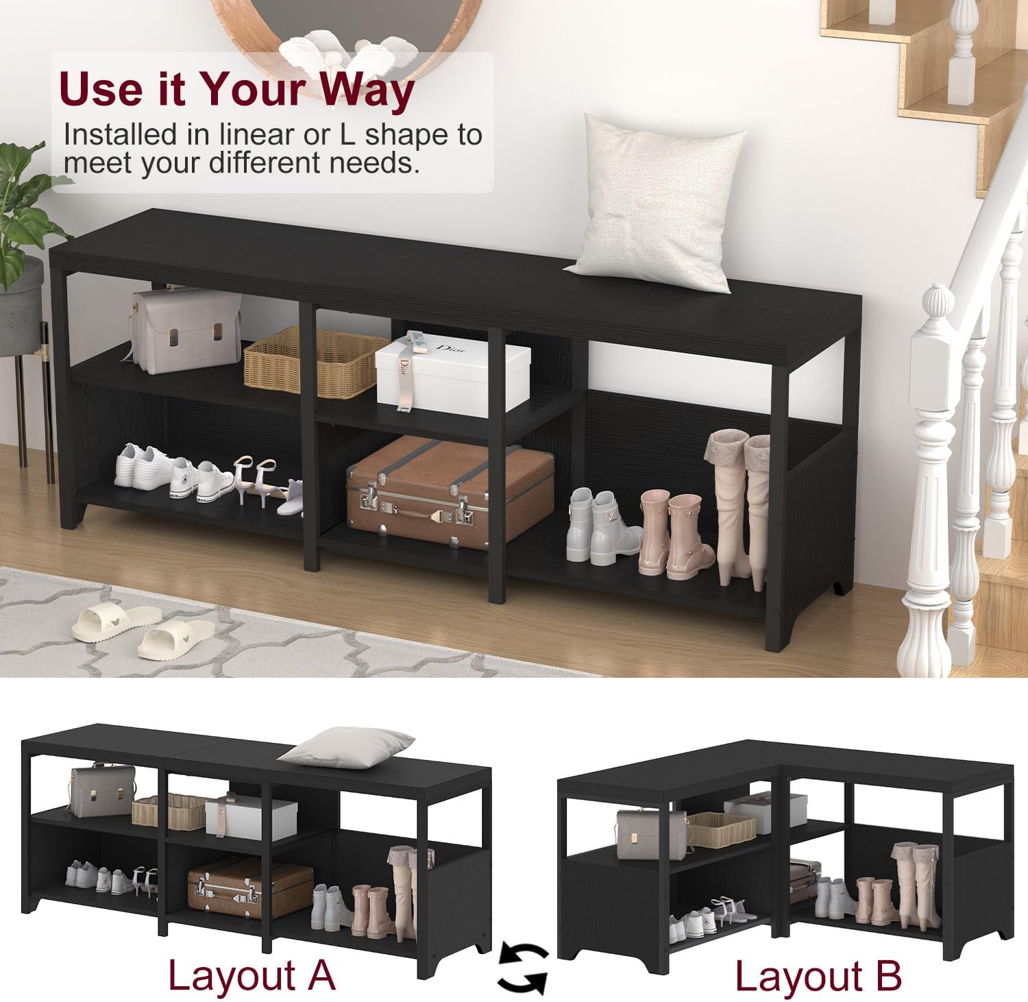 HSH Black Bench, 57” Long Entryway Bench with Shoe Storage, Corner Convertible Storage Bench with Shelf for Foyer Entrance, Wooden Metal L Shaped Shoe Rack Benchs for Bedroom Living Room, Black Oak Black Oak 57 inch image 4 of 9 B0D844BNYL