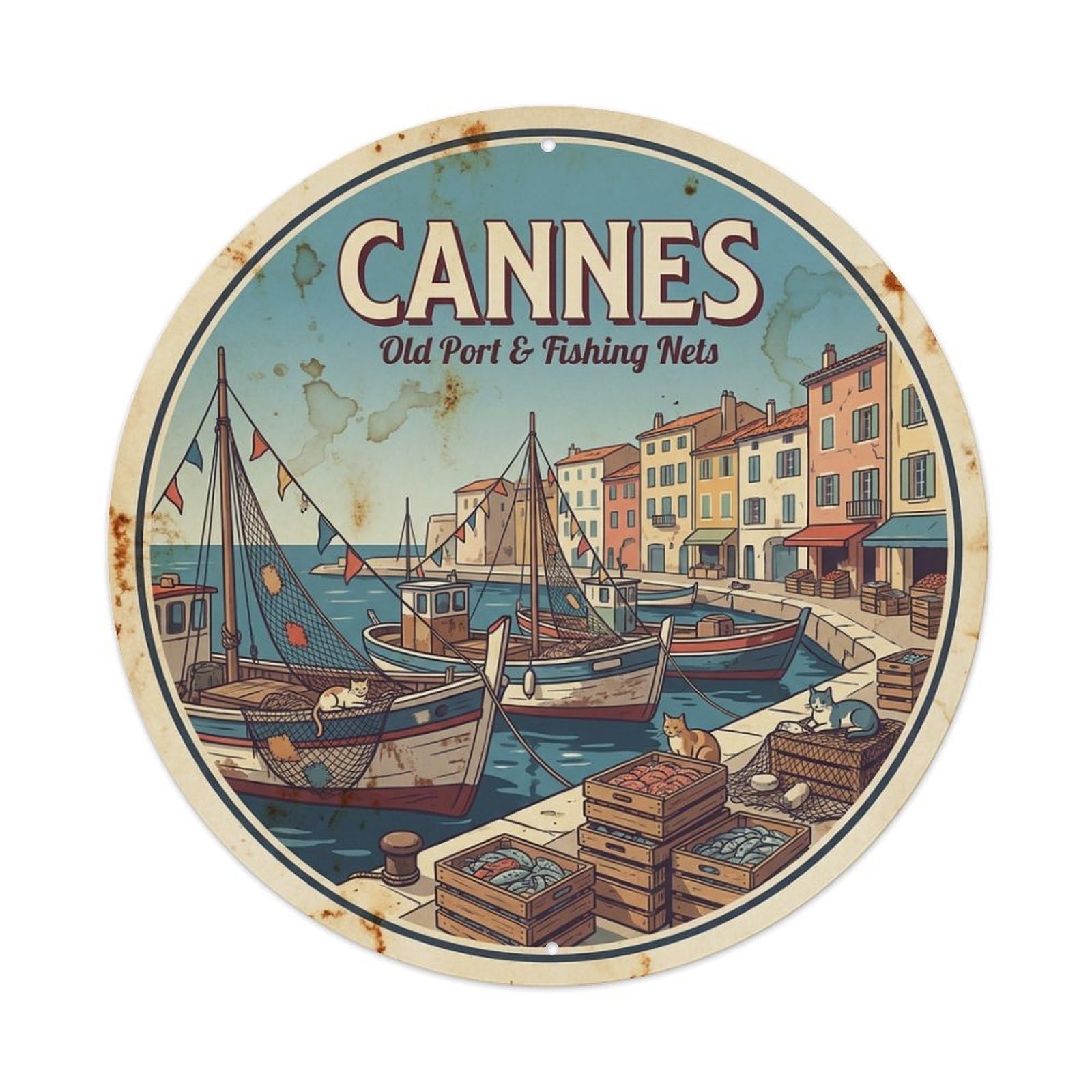 City Travel Cannes Riviera Old Harbor Fishing Nets Metal Tin Sign