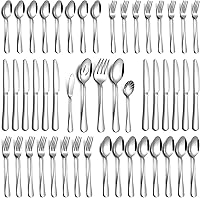 Vista 8 de Juego de 60 piezas de cubiertos de acero inoxidable para 12, juego de cubiertos de grado alimenticio novedosos, incluye cuchillo, tenedor y cuchara