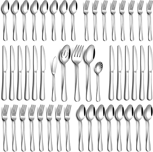 Miniatura 8 de Juego de 60 piezas de cubiertos de acero inoxidable para 12, juego de cubiertos de grado alimenticio novedosos, incluye cuchillo, tenedor y cuchara