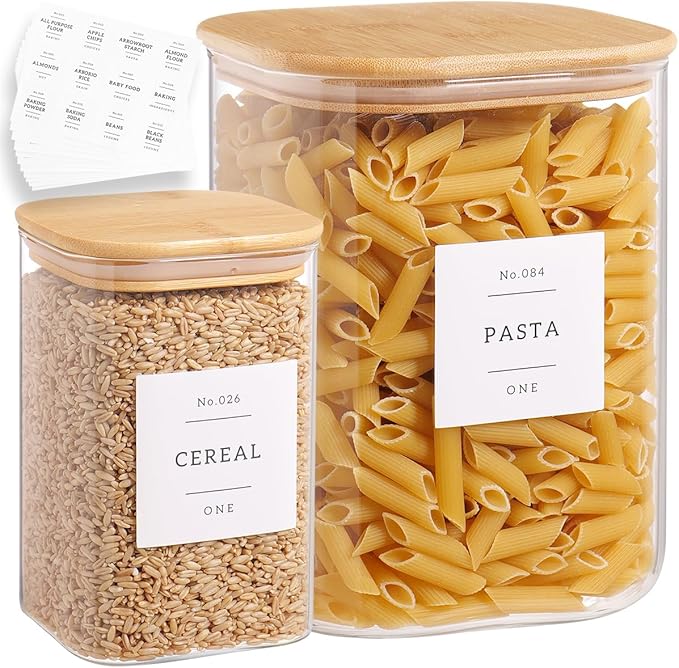 Glass Food Storage Containers with 132 Kitchen Pantry Labels, 110/37 oz Glass Flour and Sugar Containers with Airtight Lids, Large Square Glass Jars with Bamboo Lids for Rice, Pasta, Grains, Cookies