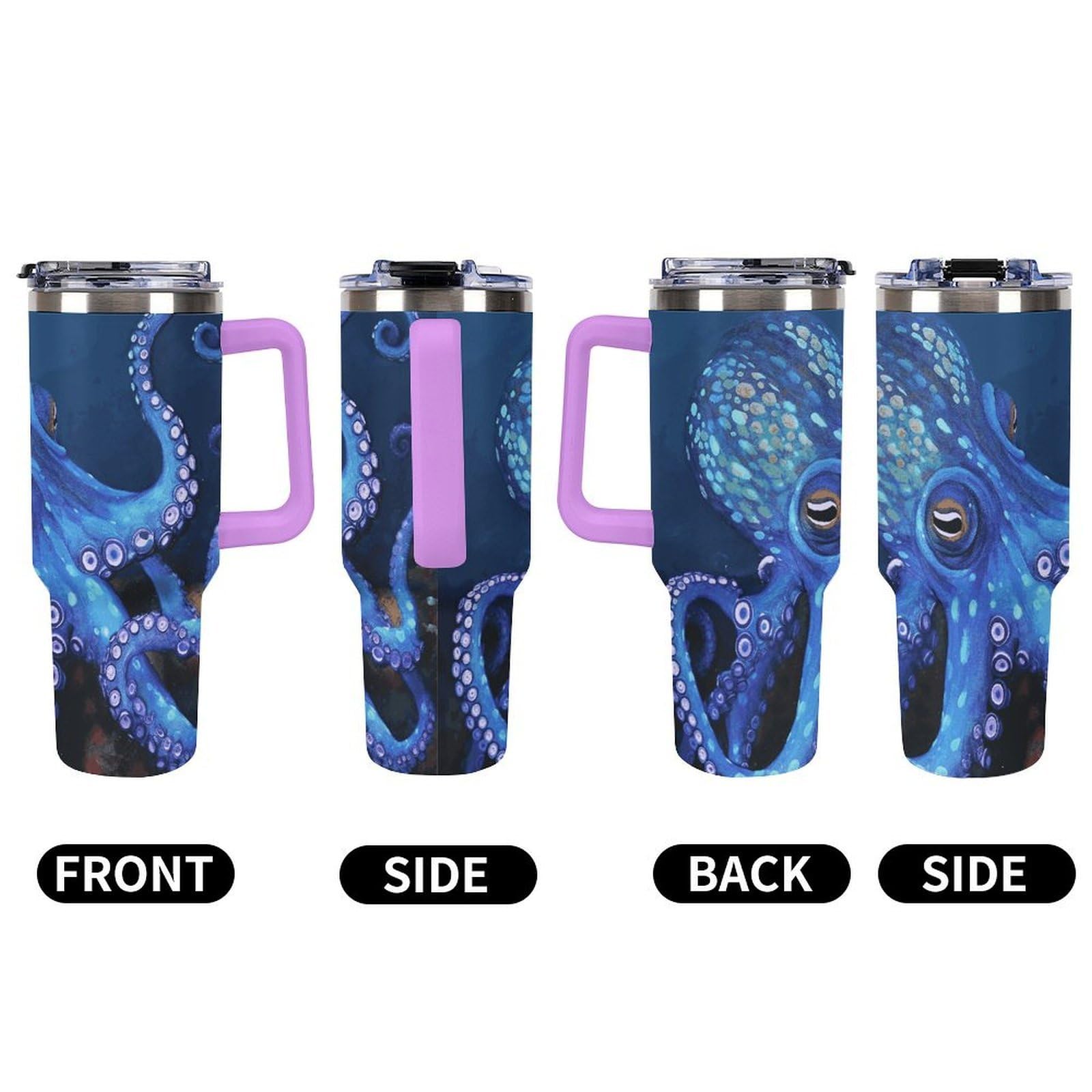Autobecher aus 304 Edelstahl, 1,2 l, blauer Oktopus-Becher mit Strohhalm und auslaufsicherem Deckel, großes Fassungsvermögen, vakuumisolierter Reisebecher für Auto-Becherhalter