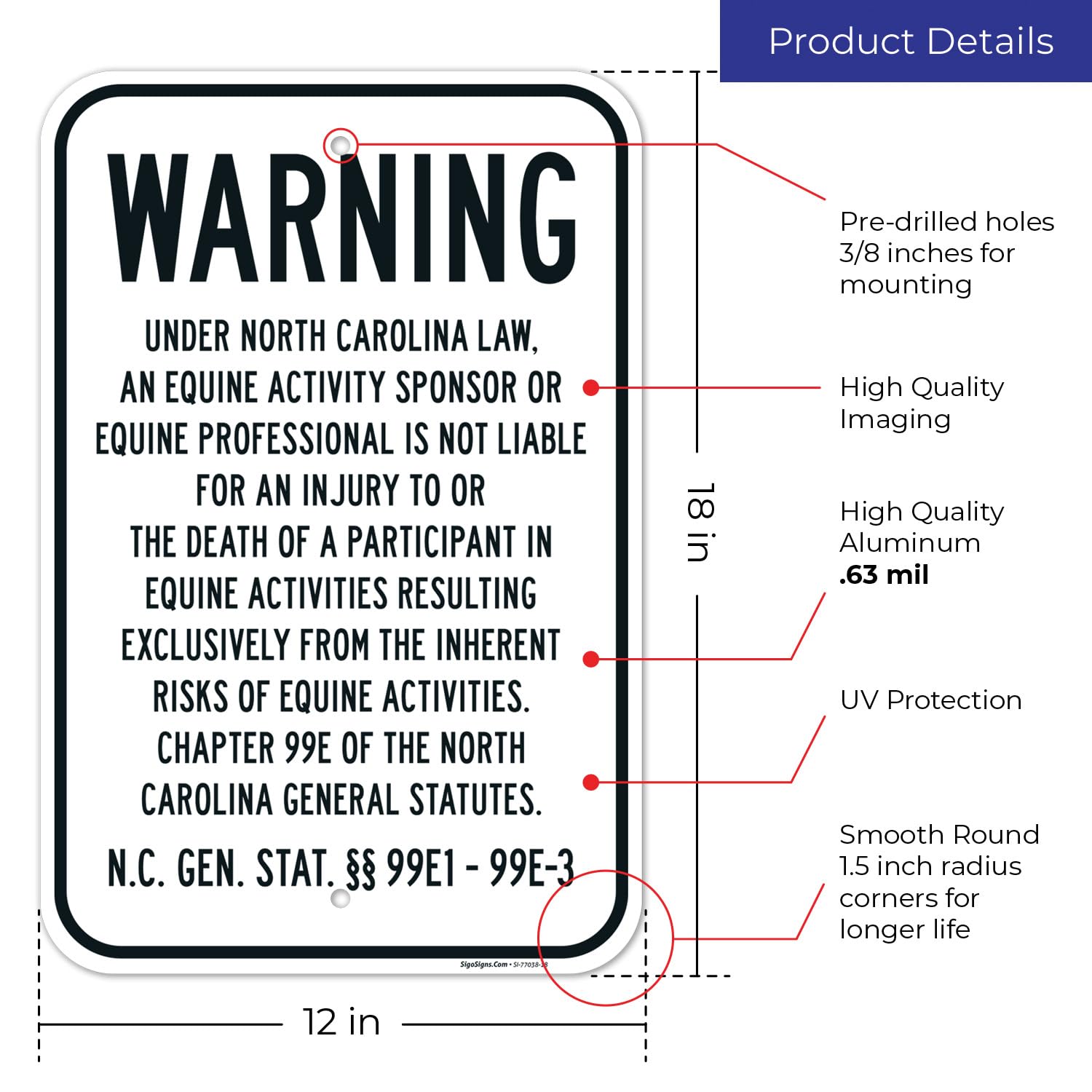 Warning Under North Carolina Law an Equine Activity Professional is Not Liable Sign, 12x18 Inches, Rust Free .063 Aluminum, Fade Resistant, Made in USA