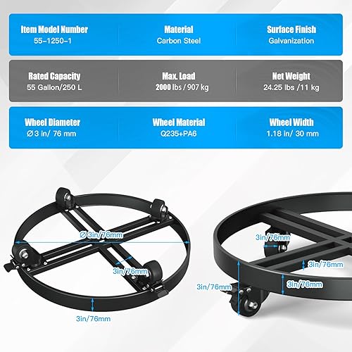 Miniatura 3 de Carretilla de tambor resistente de 55 galones, capacidad de 1250 libras, diseño antivuelco con 4 ruedas giratorias y 2 frenos, estilo de horquilla
