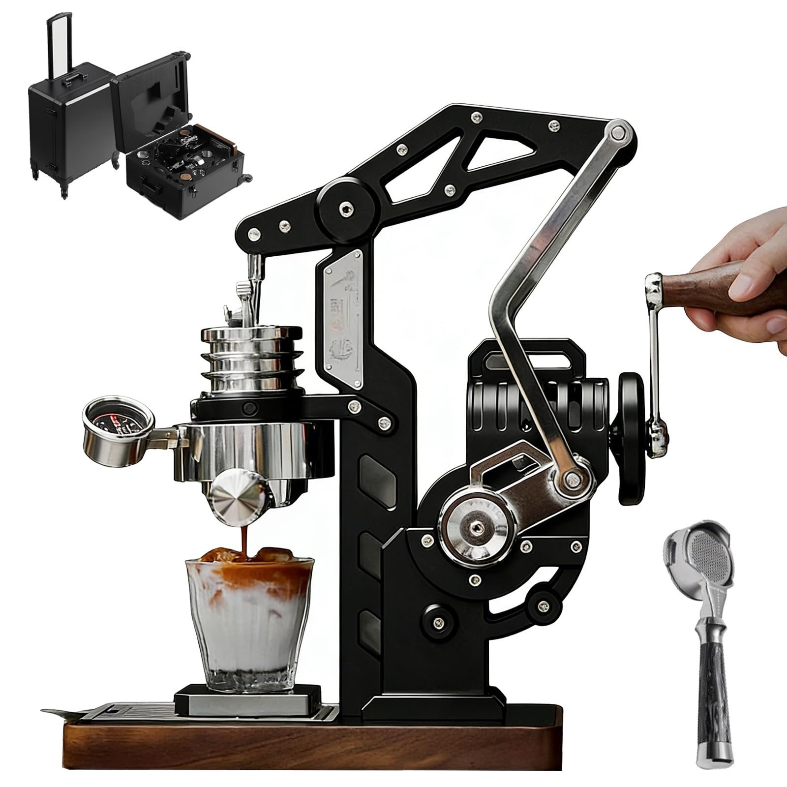XNZJHPP Manual Espresso Machine - Hand Cranked 18 Bar Coffee Maker with Visual Pressure Gauge, Compatible with 58mm Portafilter for Home & Office Brewing (With suitcase)