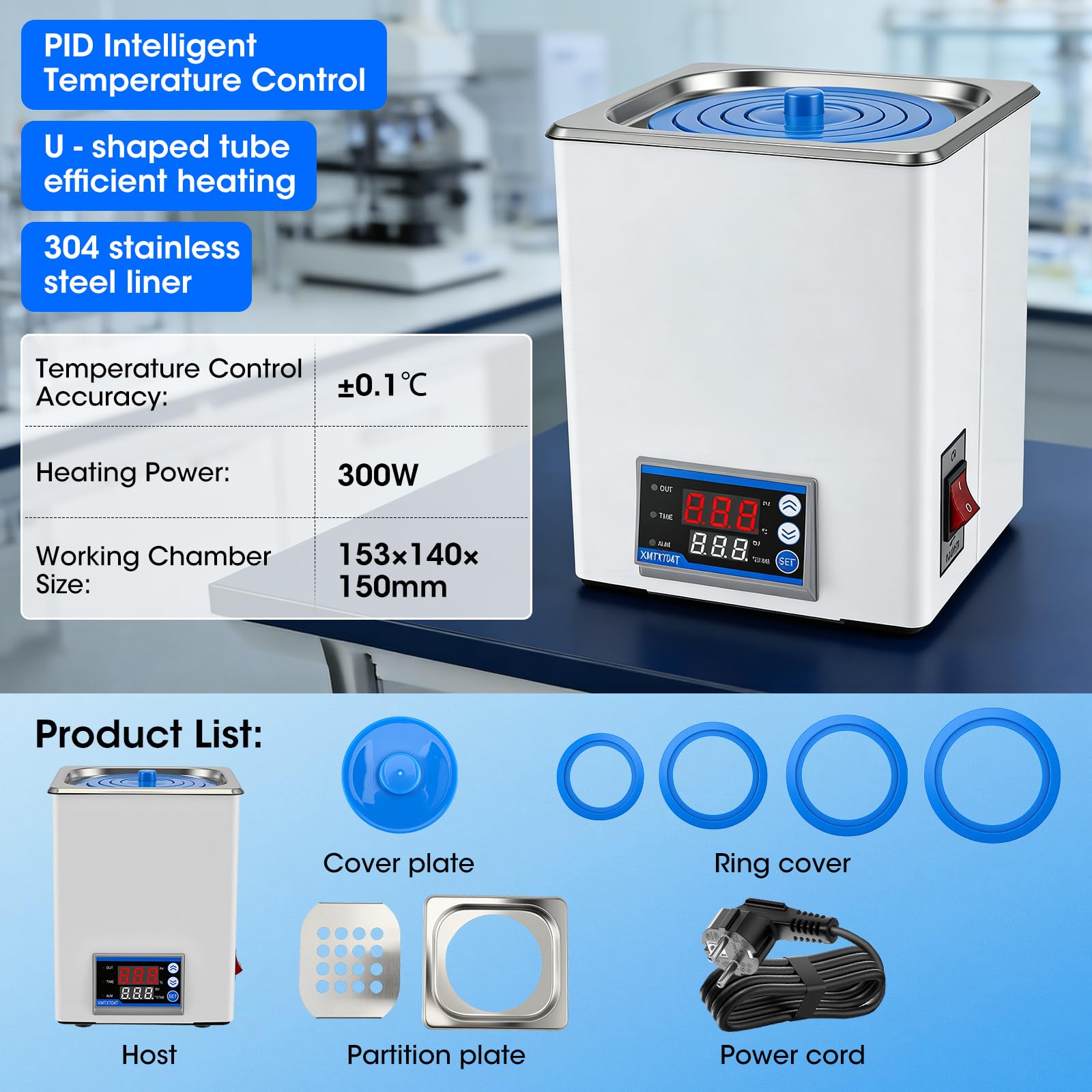 Digitales Labor Wasserbad 3,5L, 300W, Edelstahl Präzises Thermostat ±0,1°C & Timer, LED Display, Trockengehschutz, ideal für Labor & Forschung