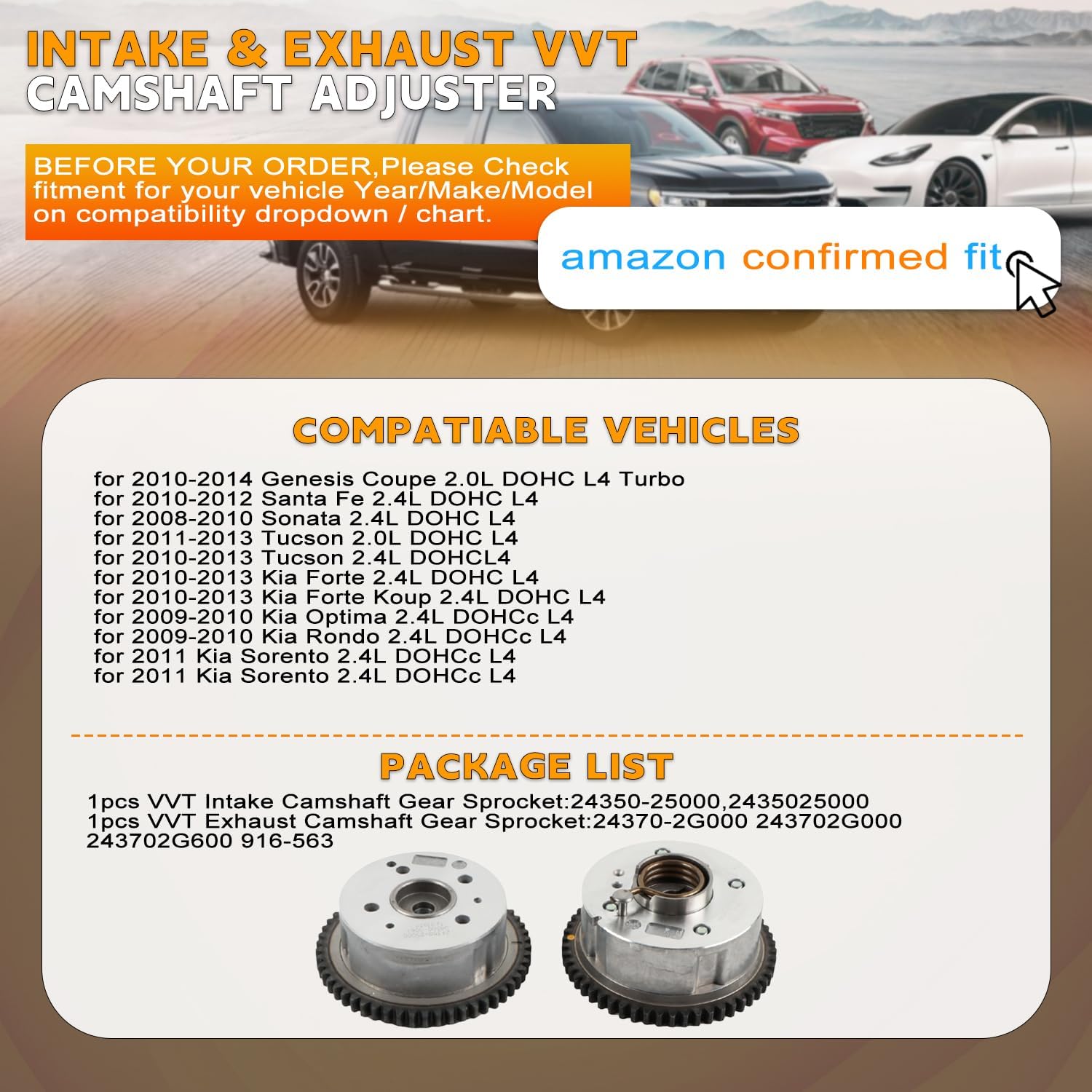 PANGOLIN 2PCS Intake Exhaust Camshaft Sprocket VVT Timing Cam Gear fit for Genesis Coupe Santa Fe Sonata Tucson 2.4L Engine, Replace OE 24350-25000 24370-2G000 916-563