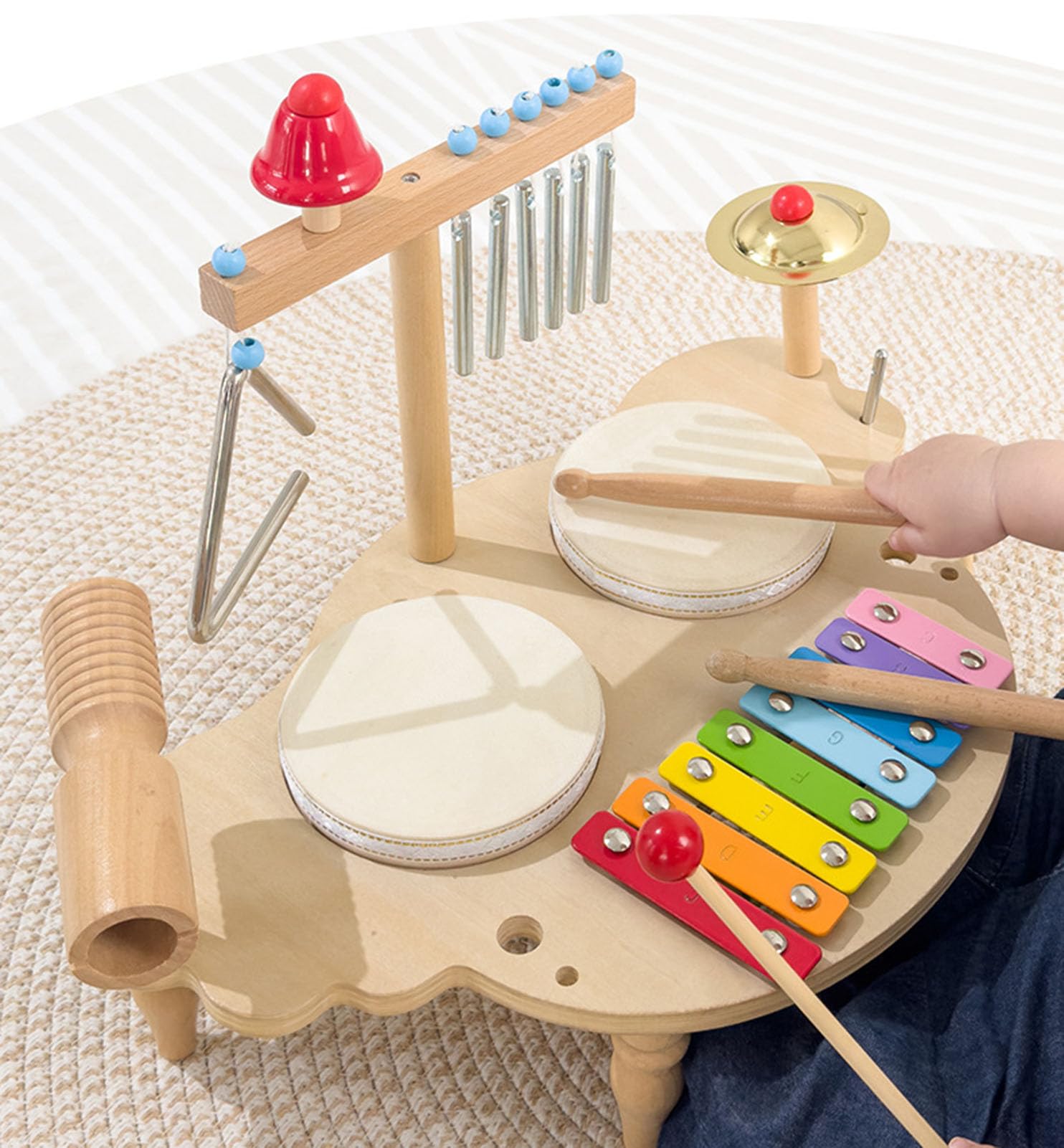 Strumento a Percussione Multifunzione in Legno per Bambini, Tavolo Musicale per Toddler con Xilofono e Batteria,Upgraded Version
