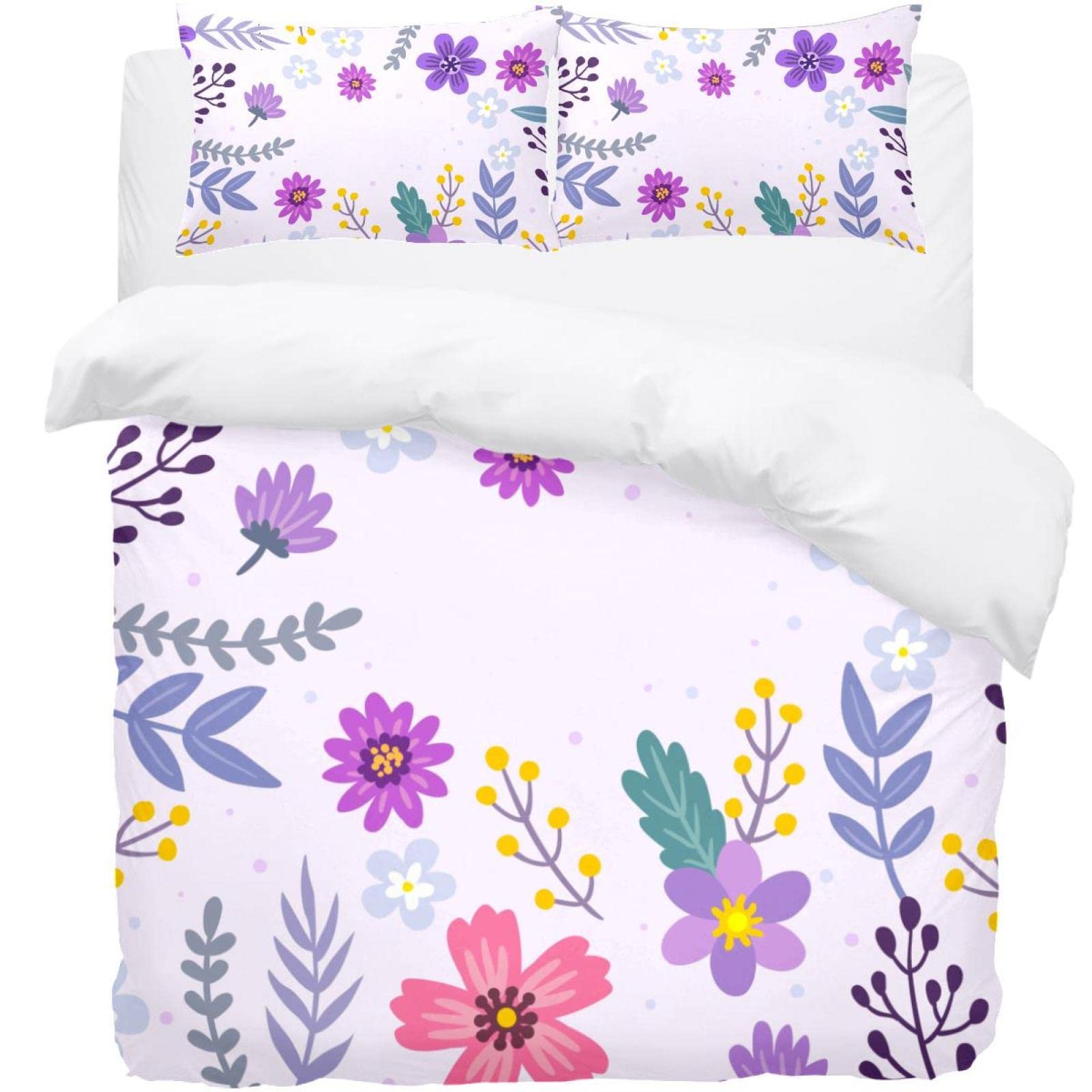 Parure de lit 3 pièces anti-plis, housse de couette fleurie violette et taies d'oreiller faciles à laver