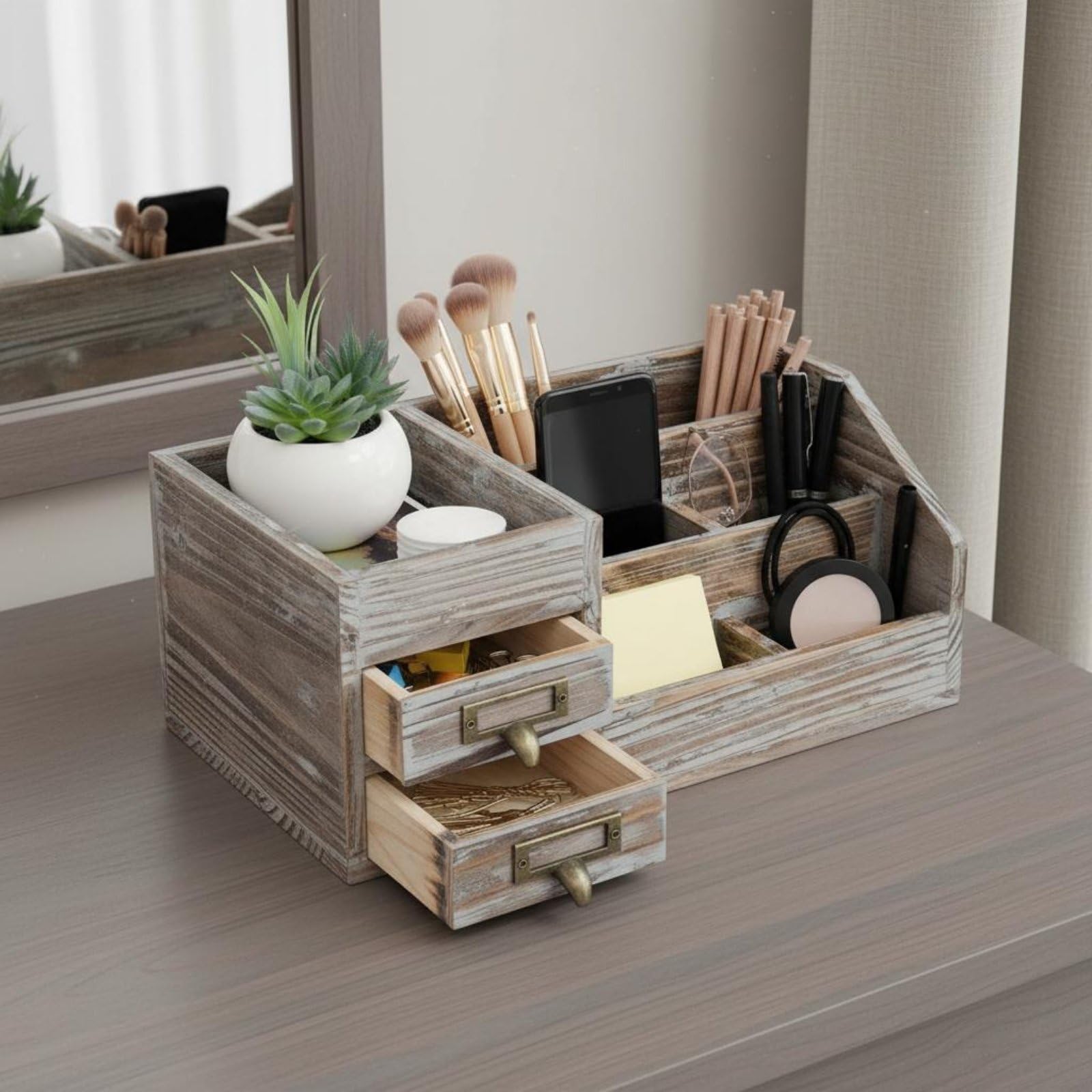 Organizer da Scrivania in Legno Contenitore Portadocumenti Cassettiera Portapenne con 6 Scomparti E 2 Cassetti con Portaetichette Adatto a Studio, Bianco Vissuto
