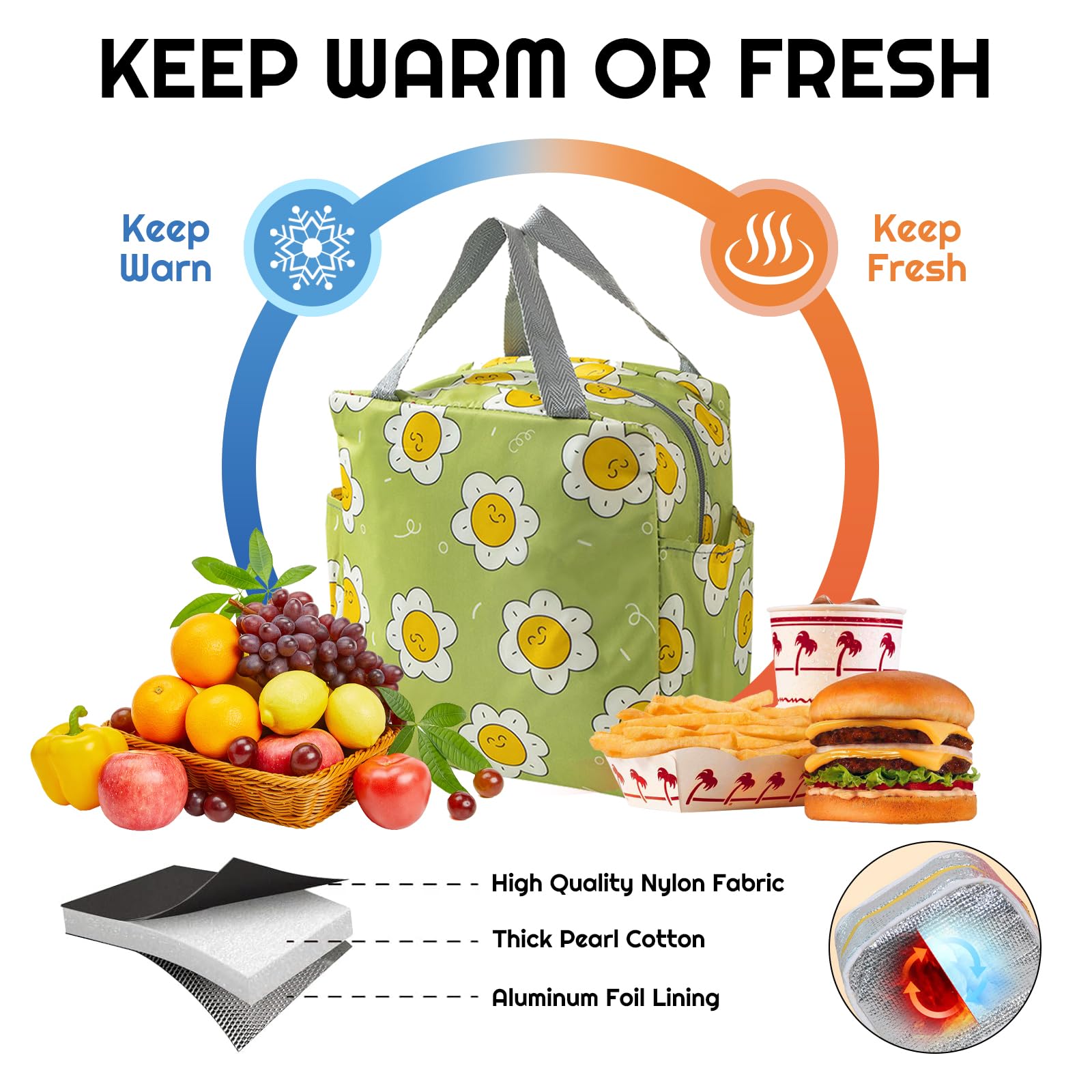 SUOXU Lunch Insulation Bag, Lunch Box Bag, Mini Waterproof Lunch Tote Bag (Green-Flower) - Image 4