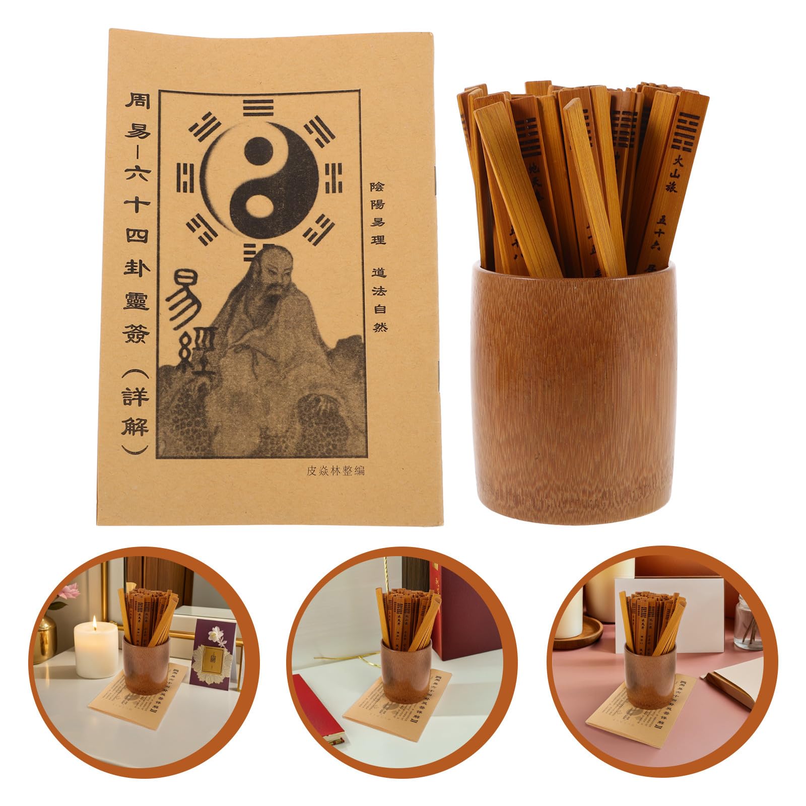 BESPORTBLE Set Bastoncini Divinazione Bamboo 64 Esagrammi per Meditazione e Profezia, Strumento Tradizionale Cinese Portatile con Guida e Immagine, per Studenti e Praticanti Taoismo