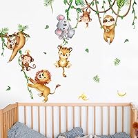 Vista 4 de Amaonm - Calcomanía de pared removible de koala, león, mono, plantas trepadoras, vides, animales que juegan con hojas verdes, murales, decoración