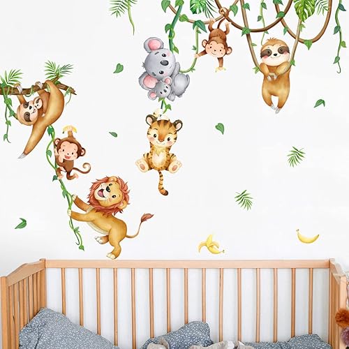 Miniatura 4 de Amaonm - Calcomanía de pared removible de koala, león, mono, plantas trepadoras, vides, animales que juegan con hojas verdes, murales, decoración