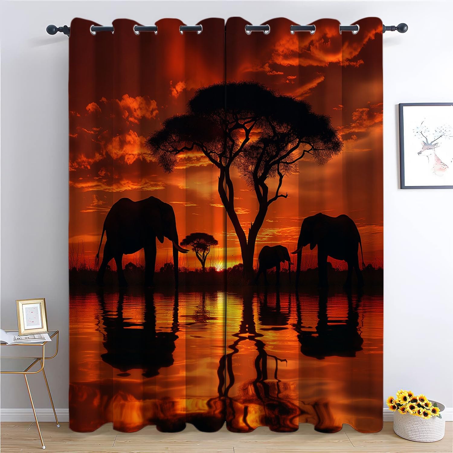 Eyelet Blackout Curtain 110" W x 102" L Sunset Grassland Elephant Thermal Insulated Ring Top Curtains for Living Room Gaming Room Noise Reduction Privacy Protection Curtain – African Landscape