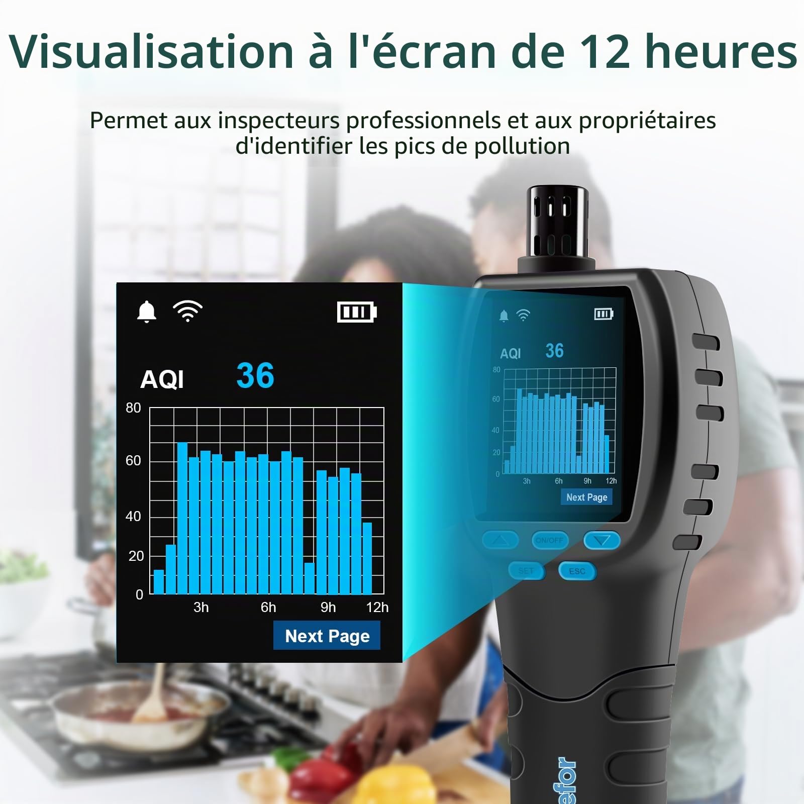 Upgraded CF‑60 PP SMART Moniteur professionnel de qualité de l'air, graphiques à l'écran sur 12 heures et rapport CSV pour la maison, le bureau, le laboratoire et la prévention des moisissures