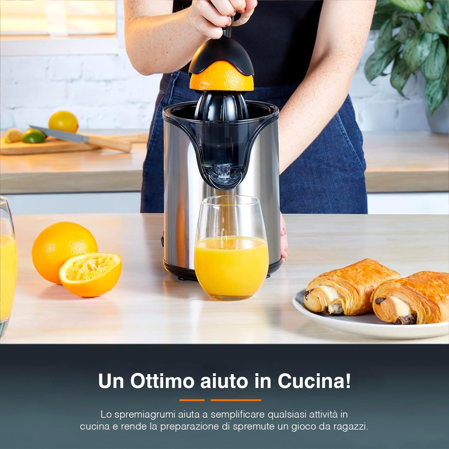 Spremiagrumi Elettrico con Piedini Antiscivolo - con 2 Coni e Beccuccio Antiscivolo, Componenti Removibili, Filtro Polpa, in Acciaio Inox e Plastica, 160W, ‎