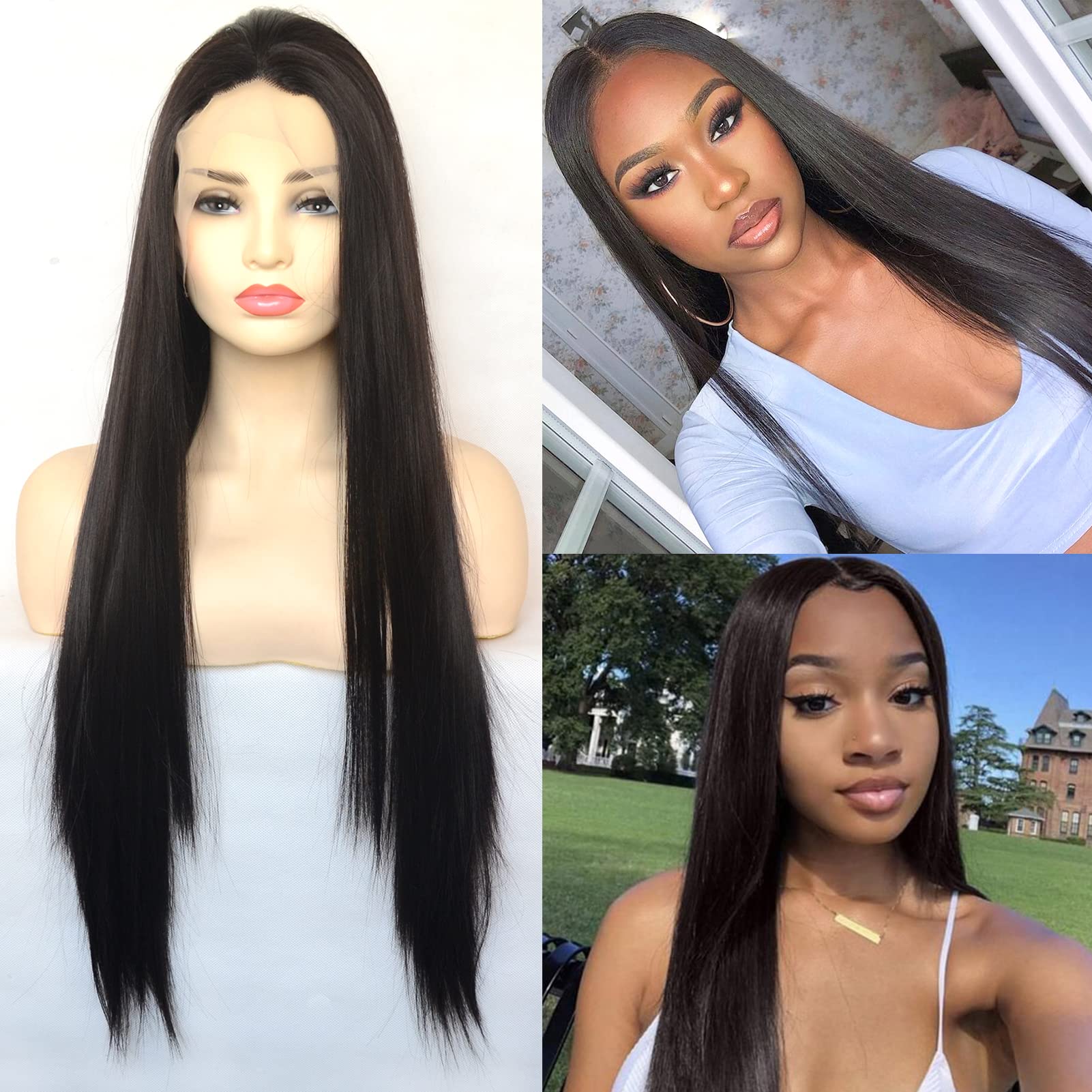 BLUPLE Dark Brown Lace Front Wigs T-Lace Part #4 Long Silk Straight Hair Wigs Synthetic Hair Replacement Full Wigs for Women Daily Wear (22 Inch, Straight,Dark Brown)