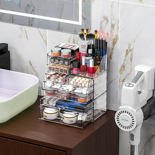 Miniatura 9 de Organizador de maquillaje acrílico transparente y almacenamiento para tocador, organizador de cuidado de la piel de baño con 8 cajones para tocador,
