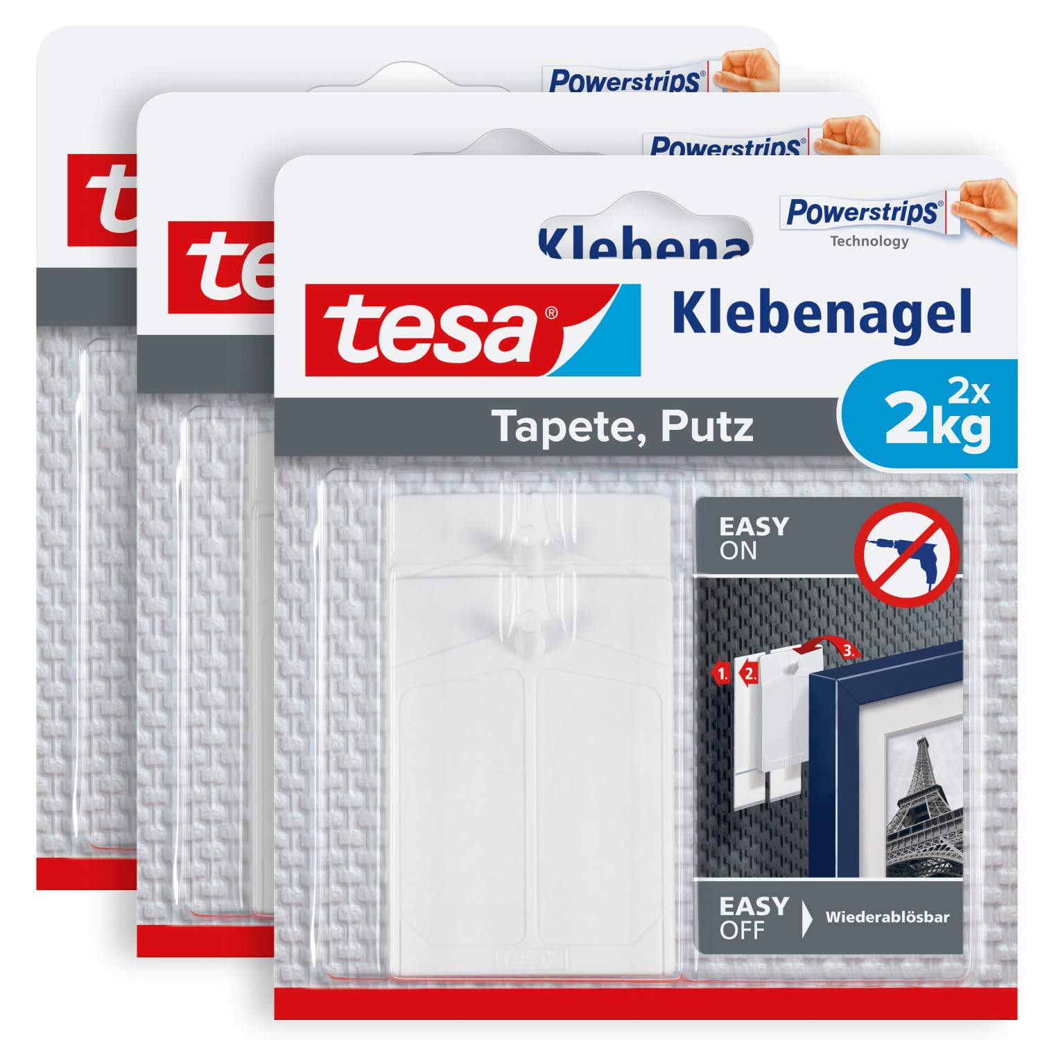 tesa Clavos adhesivos para papel pintado y yeso, 2 kg, paquete de 3 unidades, para superficies delicadas, sin residuos, hasta 2 kg de capacidad de sujeción por uña, 3 x 2 clavos adhesivos