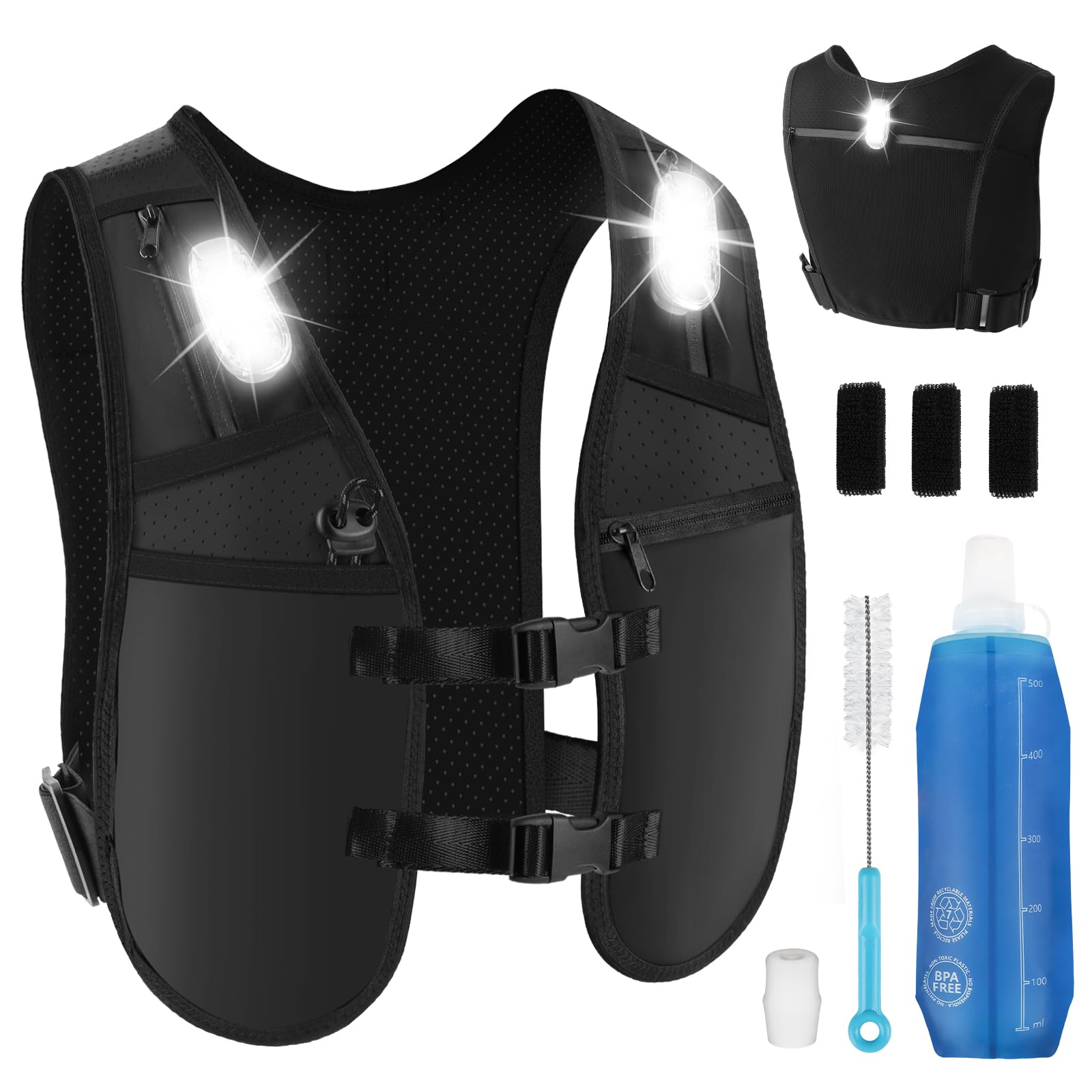 YOOHBERRYS Gilet Hydratation Running, Sac Hydratation Running Avec 3 Veilleuses LED Et Bouteille D'eau De 500 ML, Gilet Course à Pied Pour Femme Homme, Sac Trail Running