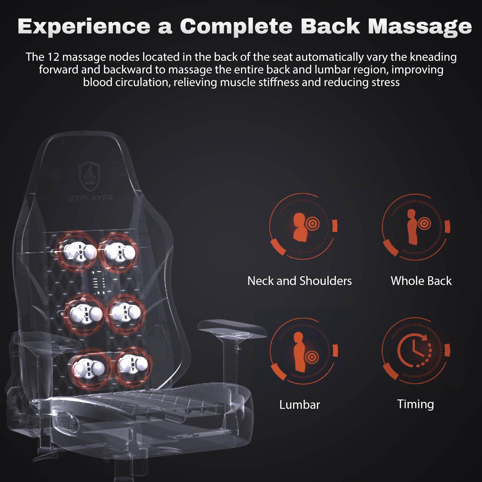 GTPLAYER Sedia da gioco con massaggio, con cuscino a molle insacchettate, ergonomica, da gaming, braccioli 4D, sedia da PC, schienale allargato, portata 150 kg，arancia