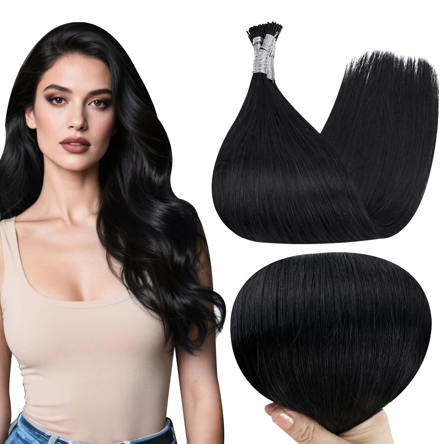 Full Shine I Tip Hair Extensions Human Hair 22 Inch Color 1 Jet Black 40 Grams Long Straight Remy Hair for Women Itip Human Hair Extensions Pre Bonded Tip Extensions Cold Fusion