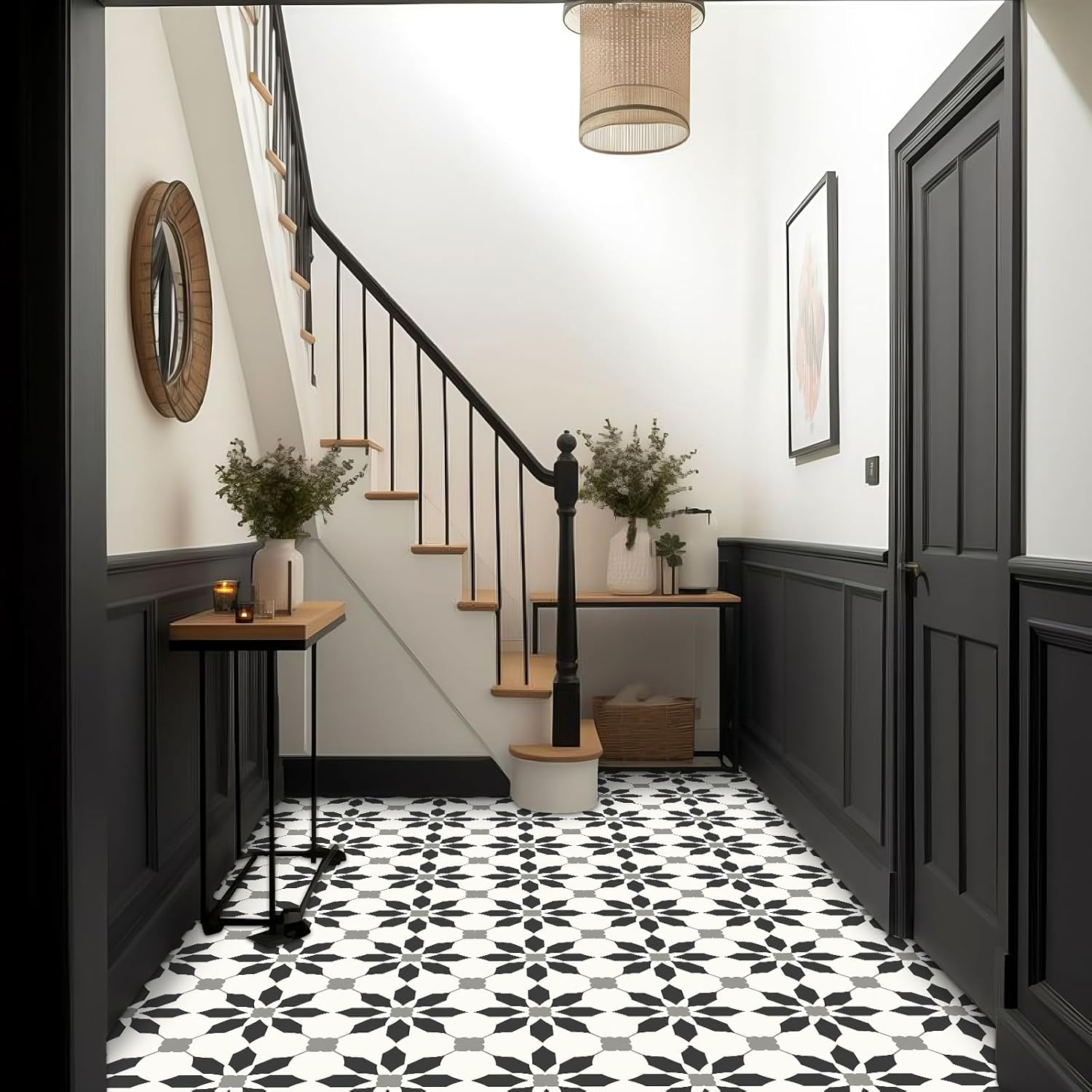 MORCART 7.87 x 7.87 Peel and Stick Floor Tile, 20 PCS Self-Adhesive DIY Vinyl Flooring for Renters, Removable and Waterproof Tile Sticker for Bathroom, Kitchen, Staircase (Black)