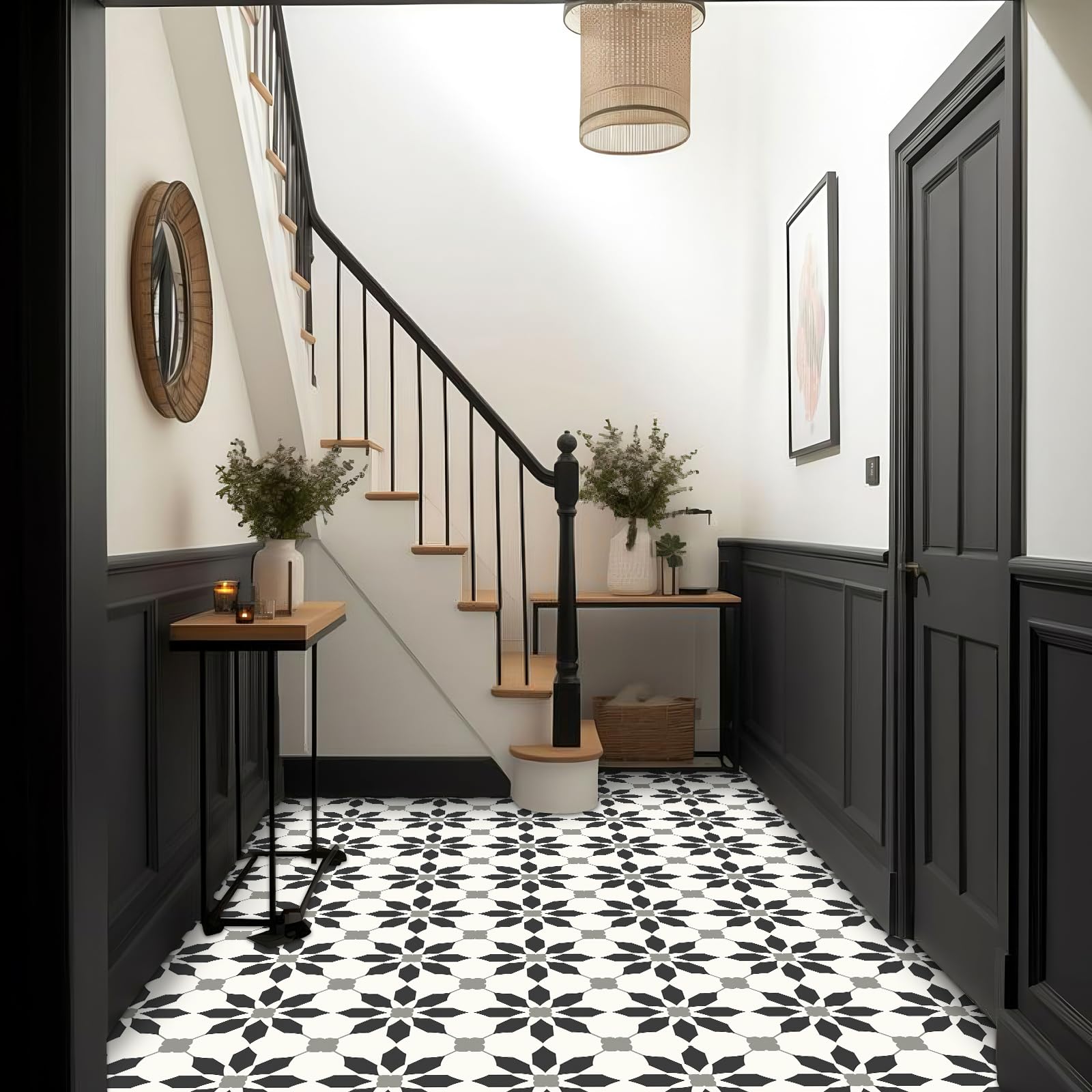 MORCART Piastrelle autoadesive per pavimenti, 20,3 x 20,3 cm, 40 pezzi, in vinile fai da te, rimovibili e impermeabili, per bagno, cucina, scale (nero)