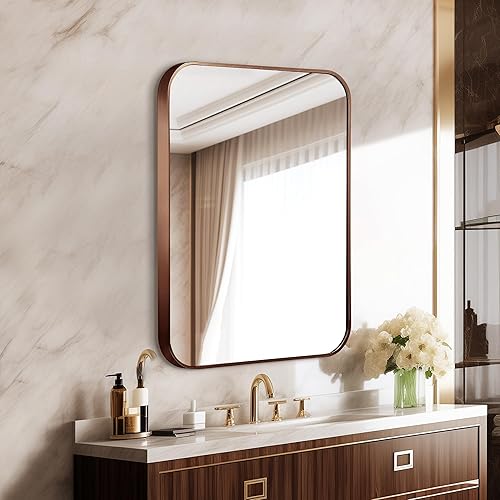 Miniatura 2 de Espejo rectangular con marco de metal de bronce cepillado de 24 x 36 pulgadas con esquina redondeada, espejo de baño montado en la pared, espejo de