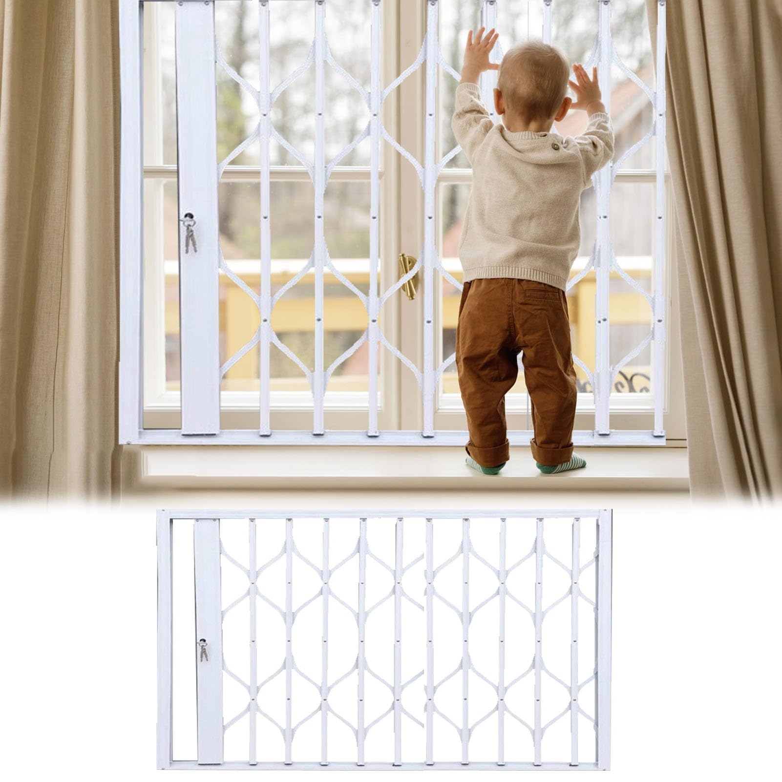 Reja de seguridad plegable de aleación de aluminio blanca con cerradura, malla a prueba de niños, resistente a huracanes y antirrobo para ventanas pequeñas del hogar.